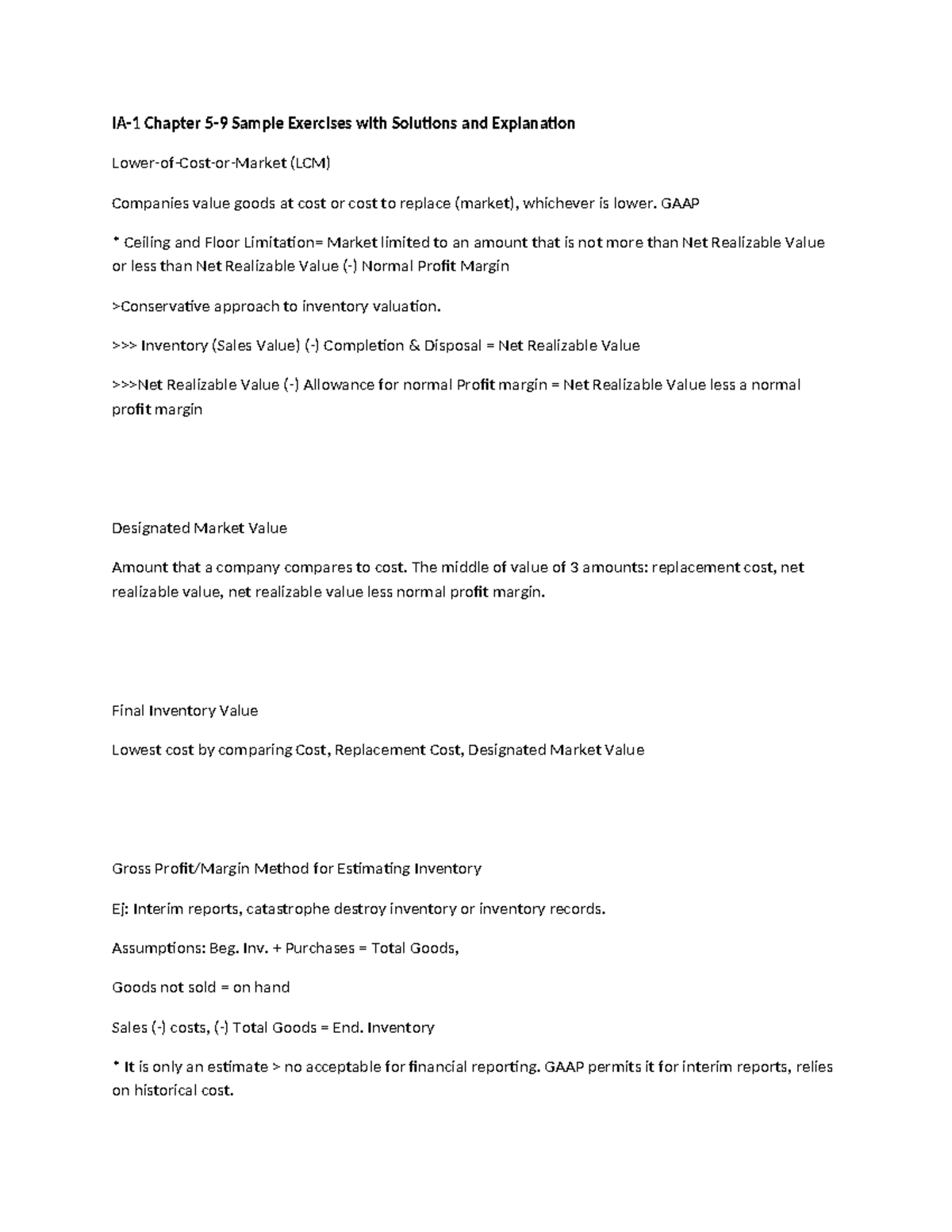 IA-1 Chapter 5-9 Sample Exercises: LCM, Inventory Valuation & Exchanges ...