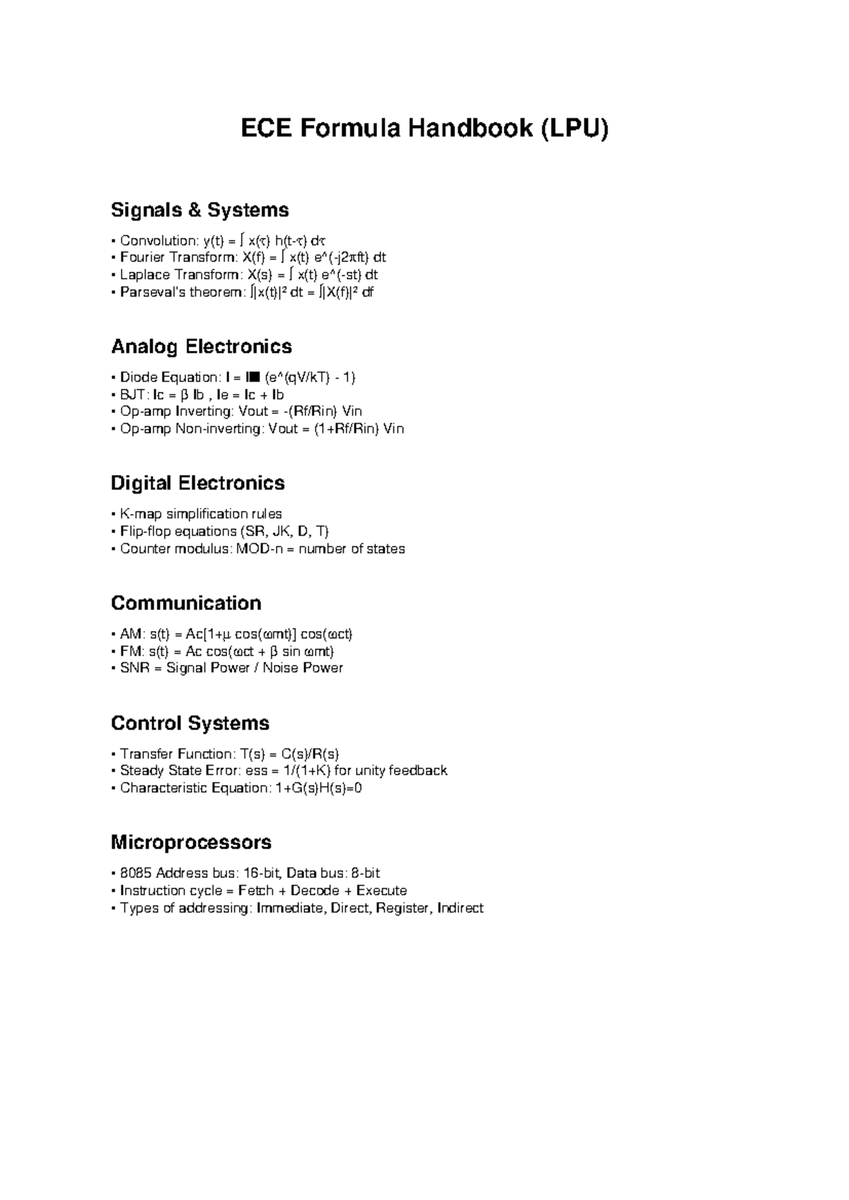 ECE Formula Handbook - Practice for Signals & Systems, Electronics, and ...
