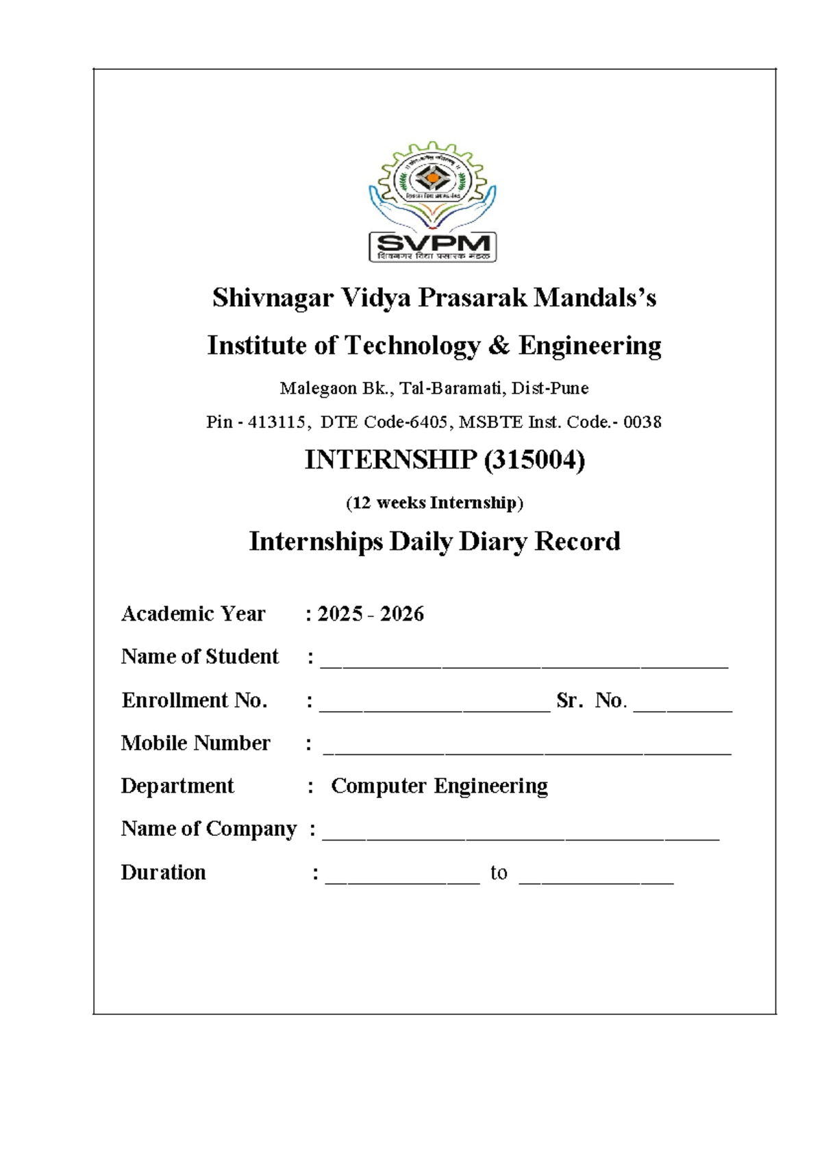 Internship Daily Diary Record (315004) - Computer Engineering 2025-2026 ...