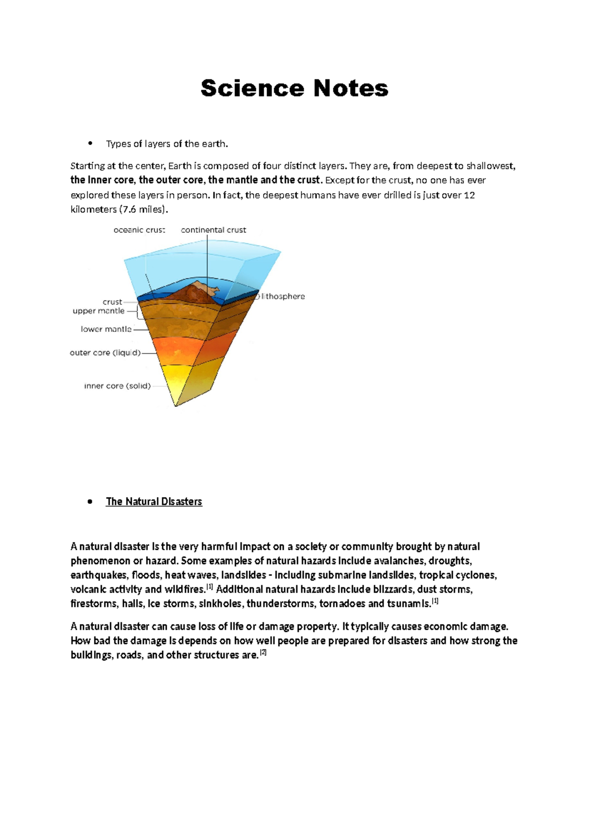 Science Notes: Earth's Layers, Natural Disasters, and Agriculture ...