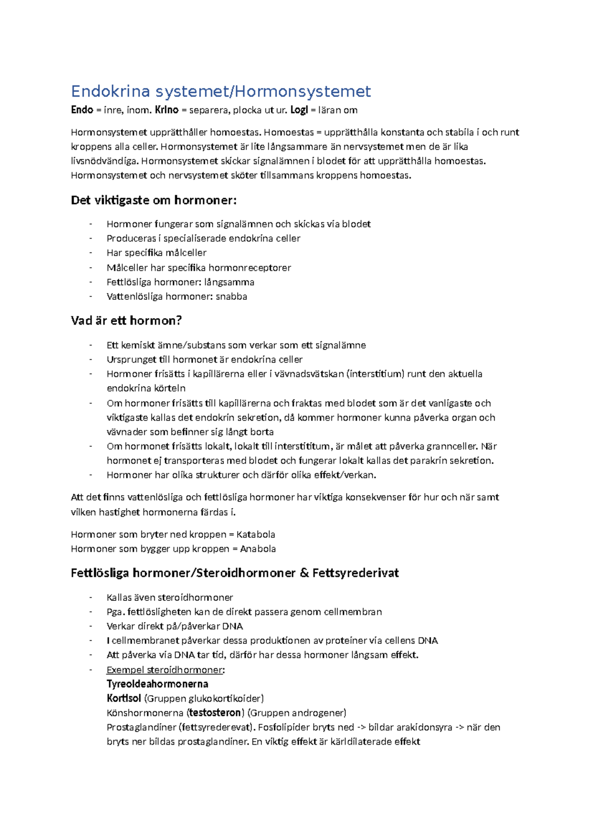 Endokrina systemet: Hormoner och deras funktioner i kroppen - Studocu