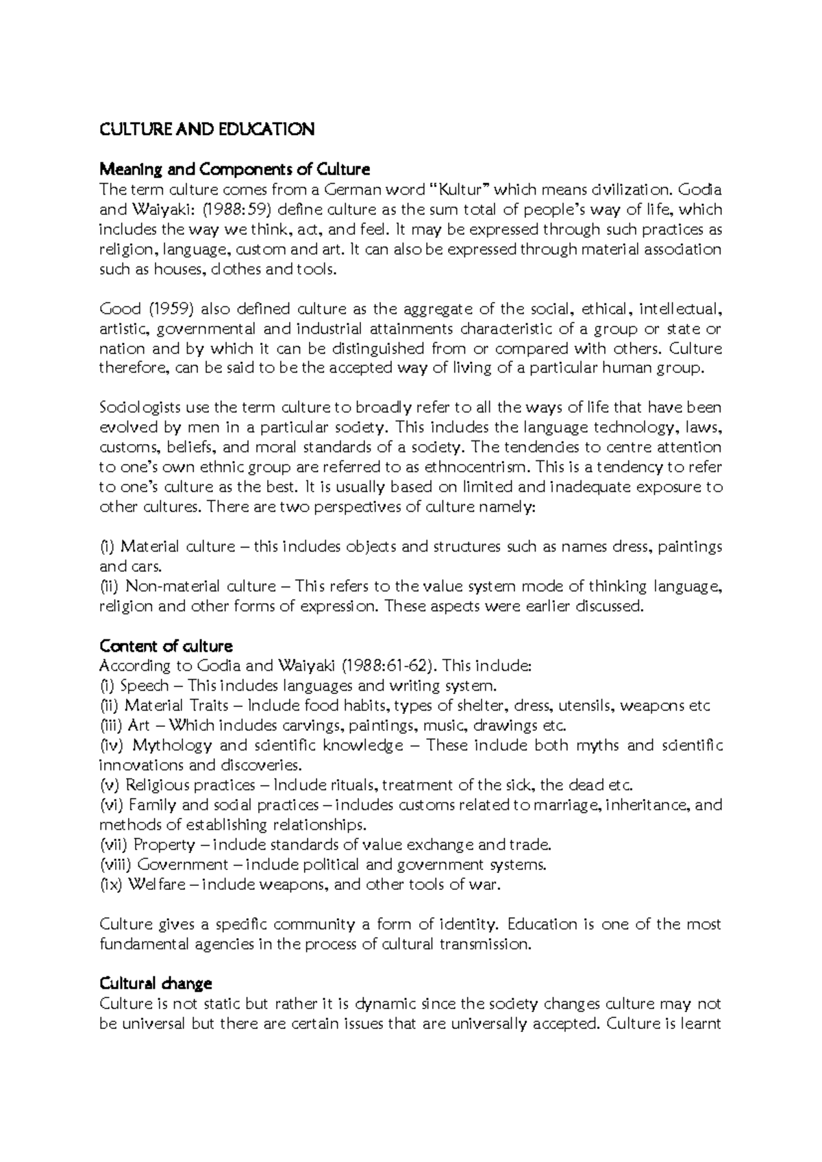CULT 101: Culture and Education - Key Concepts and Components Notes ...