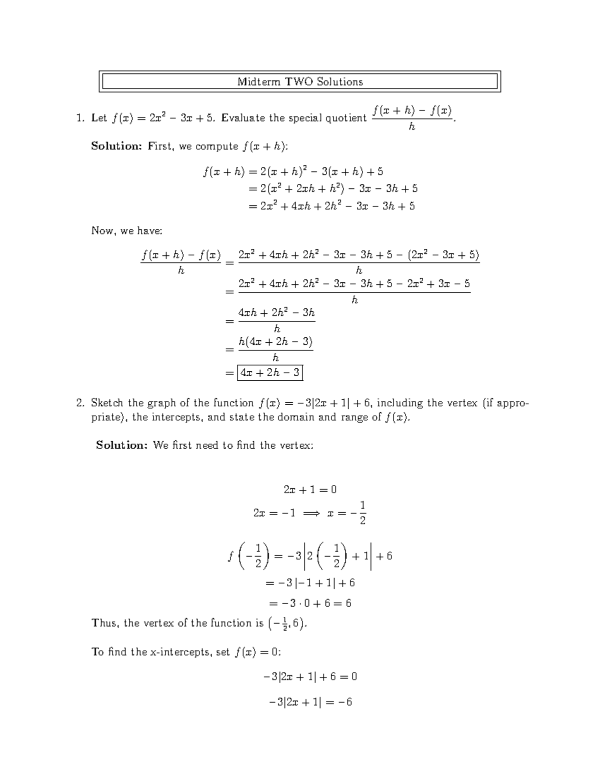 Midterm 2 Solutions for Calculus: Functions and Graphs - Studocu