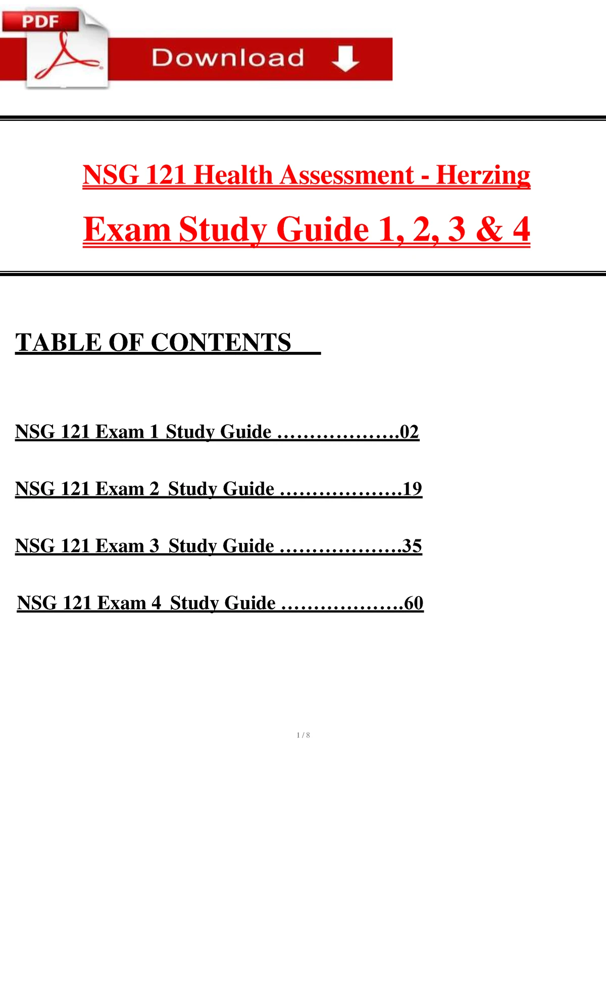 NSG 121 Health Assessment Exam 1 Comprehensive Study Guide - Studocu