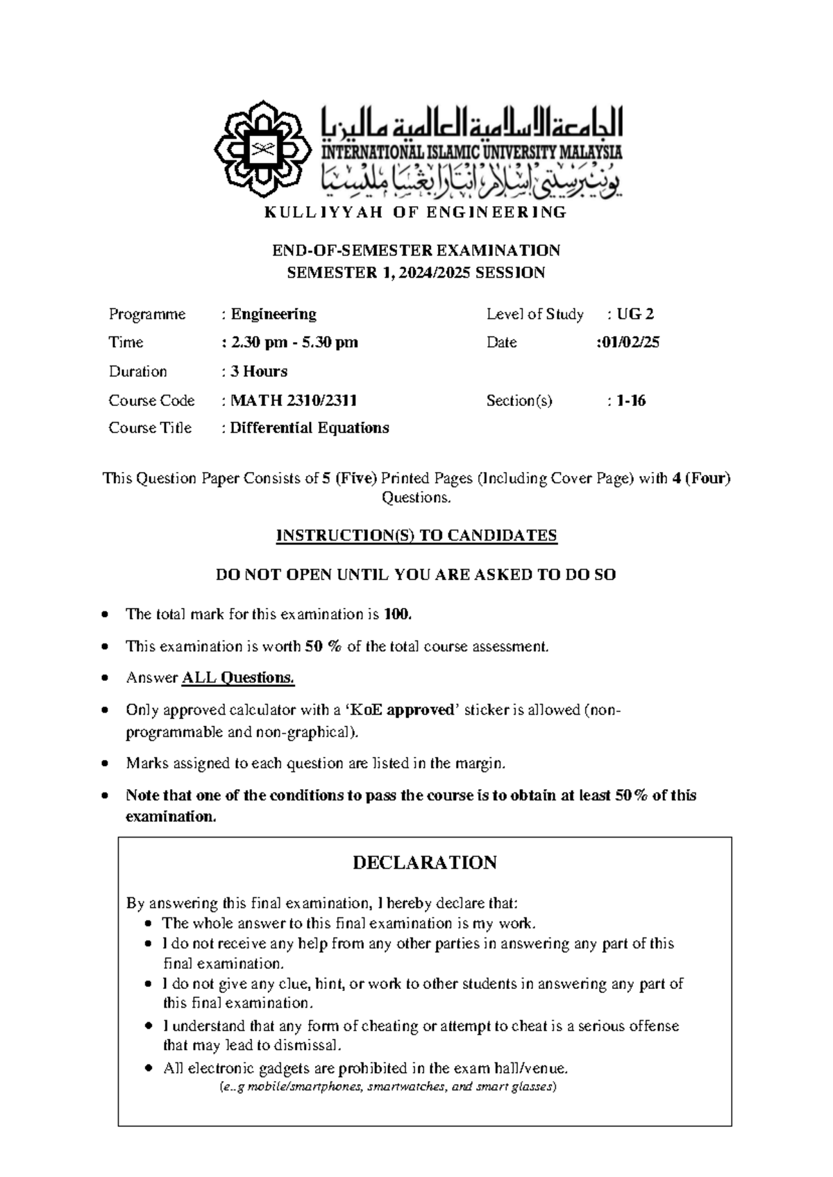 MATH 101: Differential Equations Final Exam Questions SEM 1 2024-2025 ...
