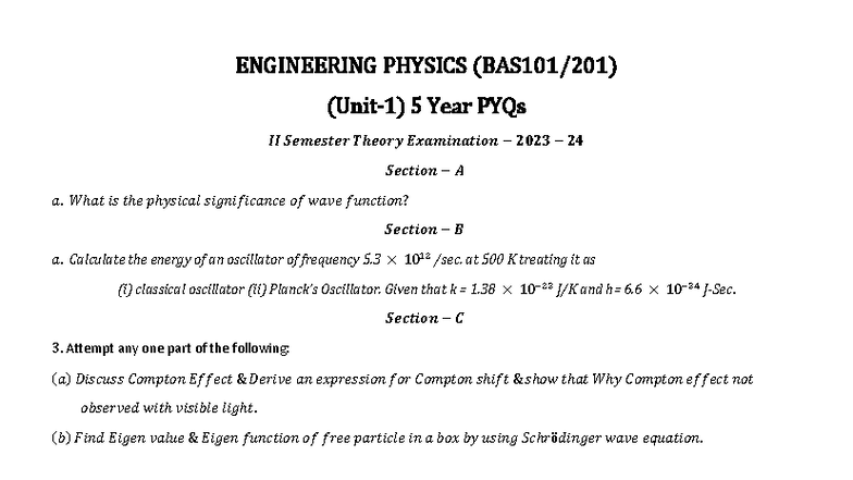 ENGINEERING PHYSICS 5 Year PYQs II Semester Theory Exam 2023 - Studocu