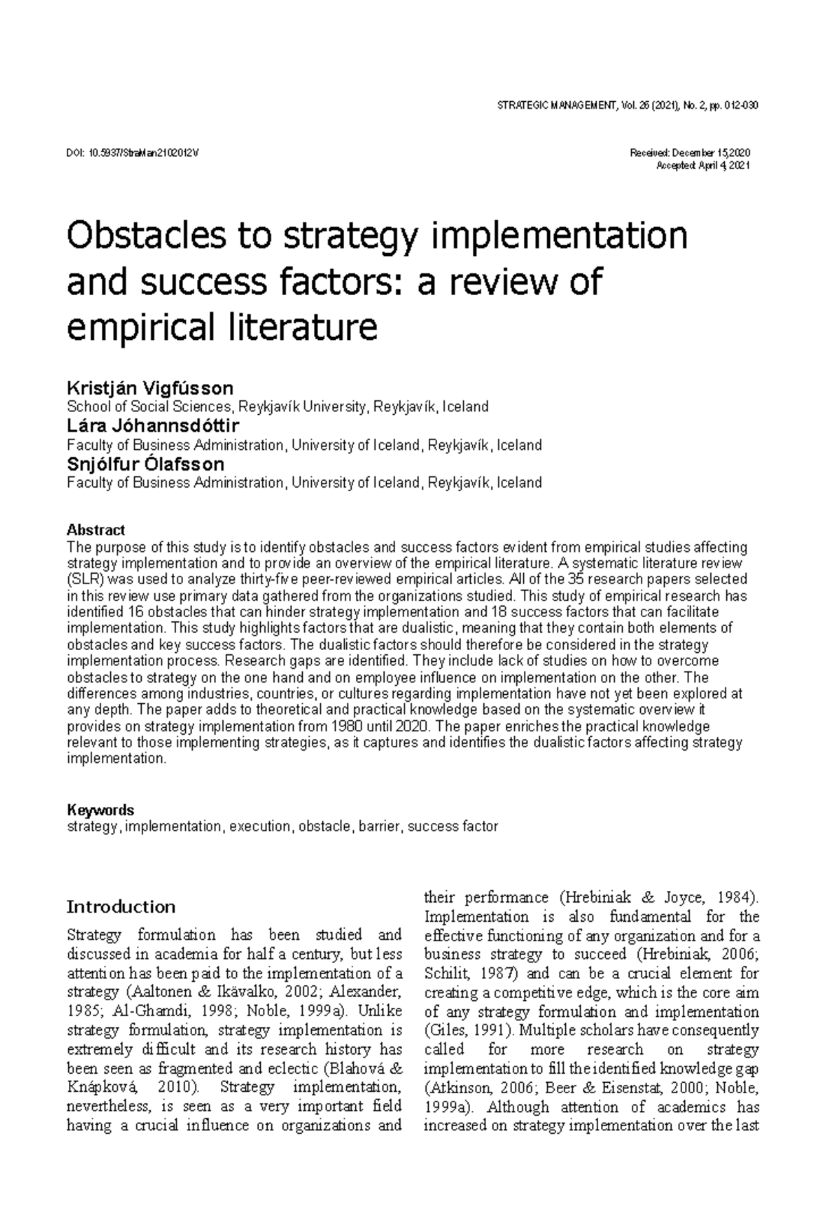 Obstacles to Strategy Implementation: A Systematic Review (SM 26.2 ...