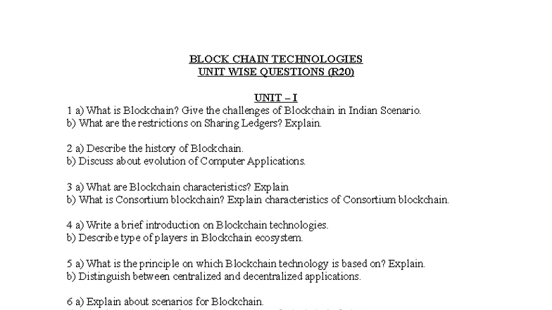 BCT R20 Unit Wise Questions on Blockchain Technologies - Studocu