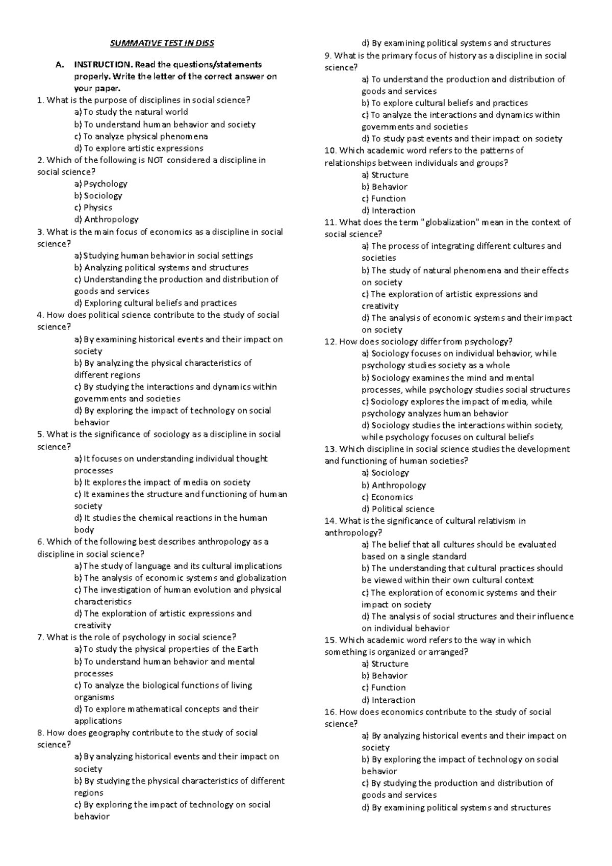 Summative Test in DISS: Exploring Social Science Disciplines - Studocu