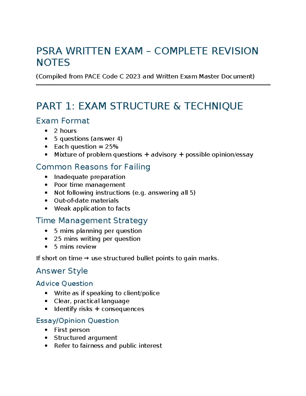 PSRA CODE C 2023: Comprehensive Written Exam Revision Notes - Studocu