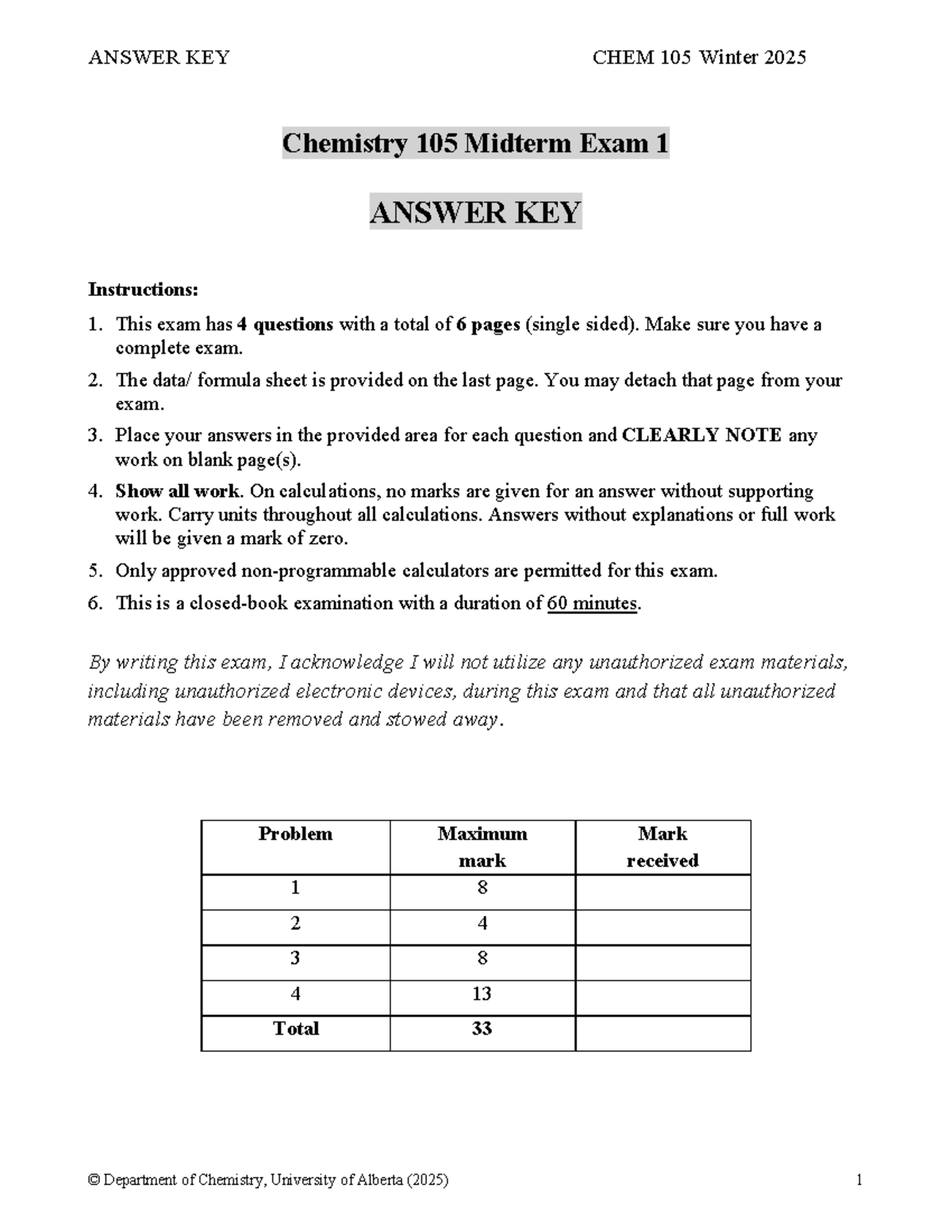 CHEM 105 Midterm Exam 1 (Winter 2025) Answer Key - Studocu