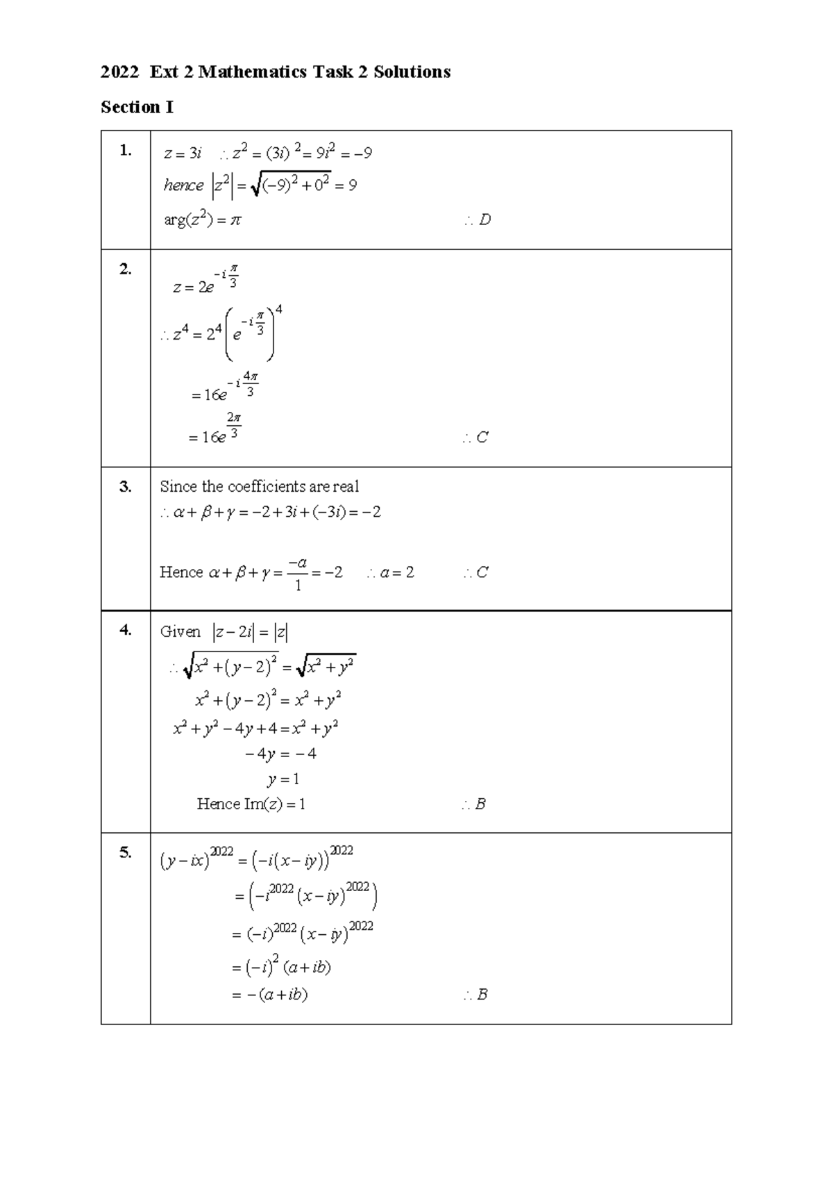 Ext 2 Maths AT1 T4 2023 - Assessment task - Proof and Complex Numbers ...