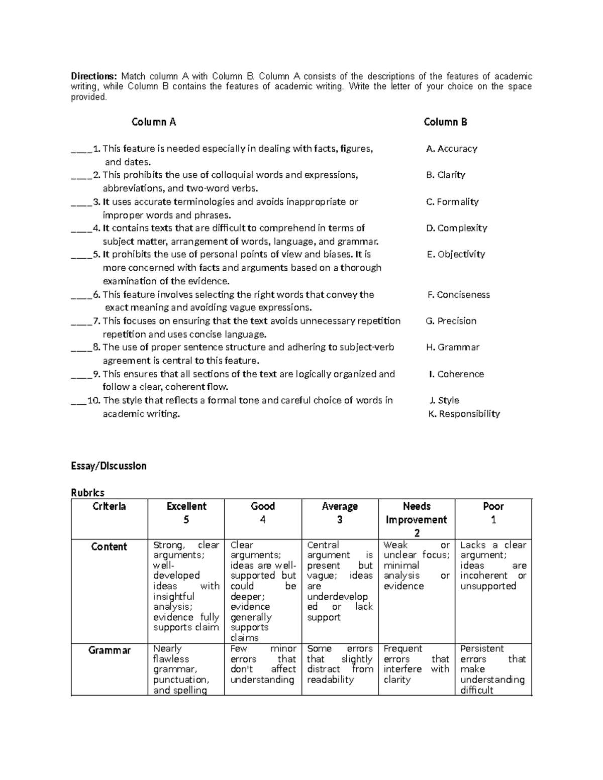 Questions - Assignment - Directions: Match column A with Column B ...