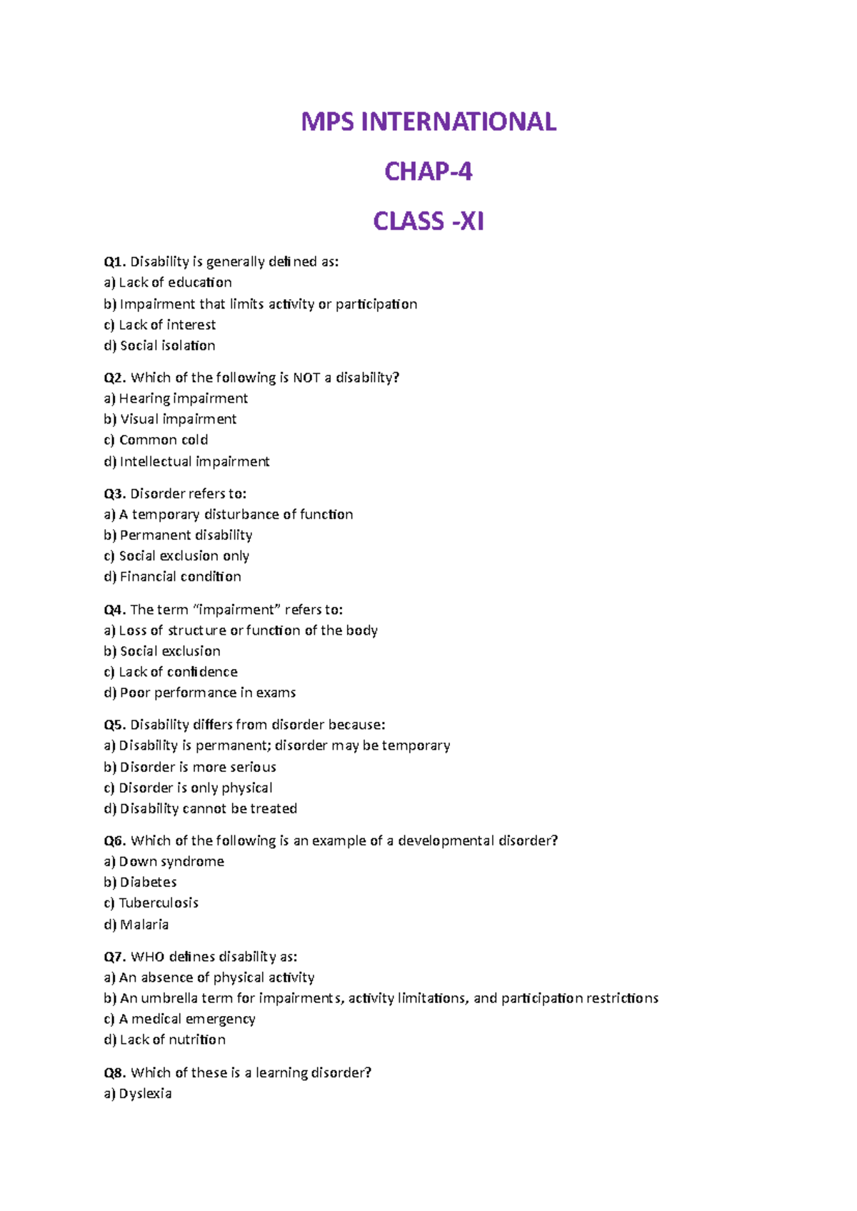 MPS INTERNATIONAL CLASS Q1: Understanding Disability and Adaptive ...
