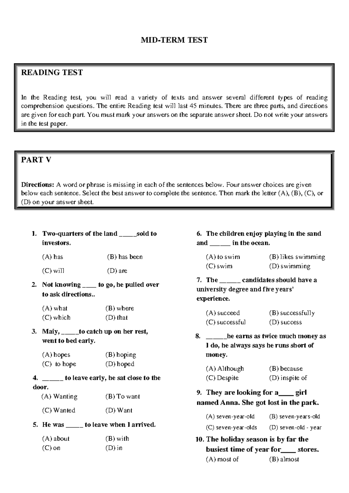 Reading test instructions and practice questions for ULSA2 - Studocu