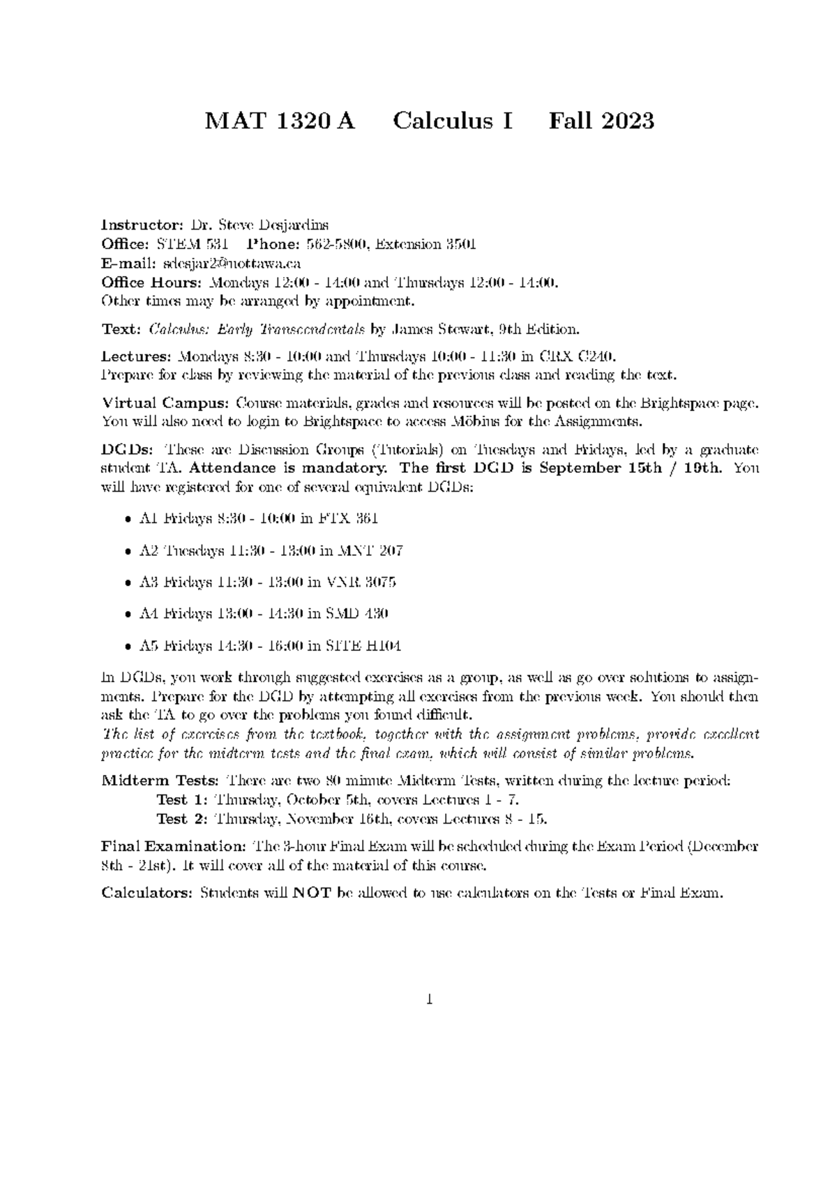 Syllabus for MAT 1320 A - Calculus I, Fall 2023 Course Outline - Studocu