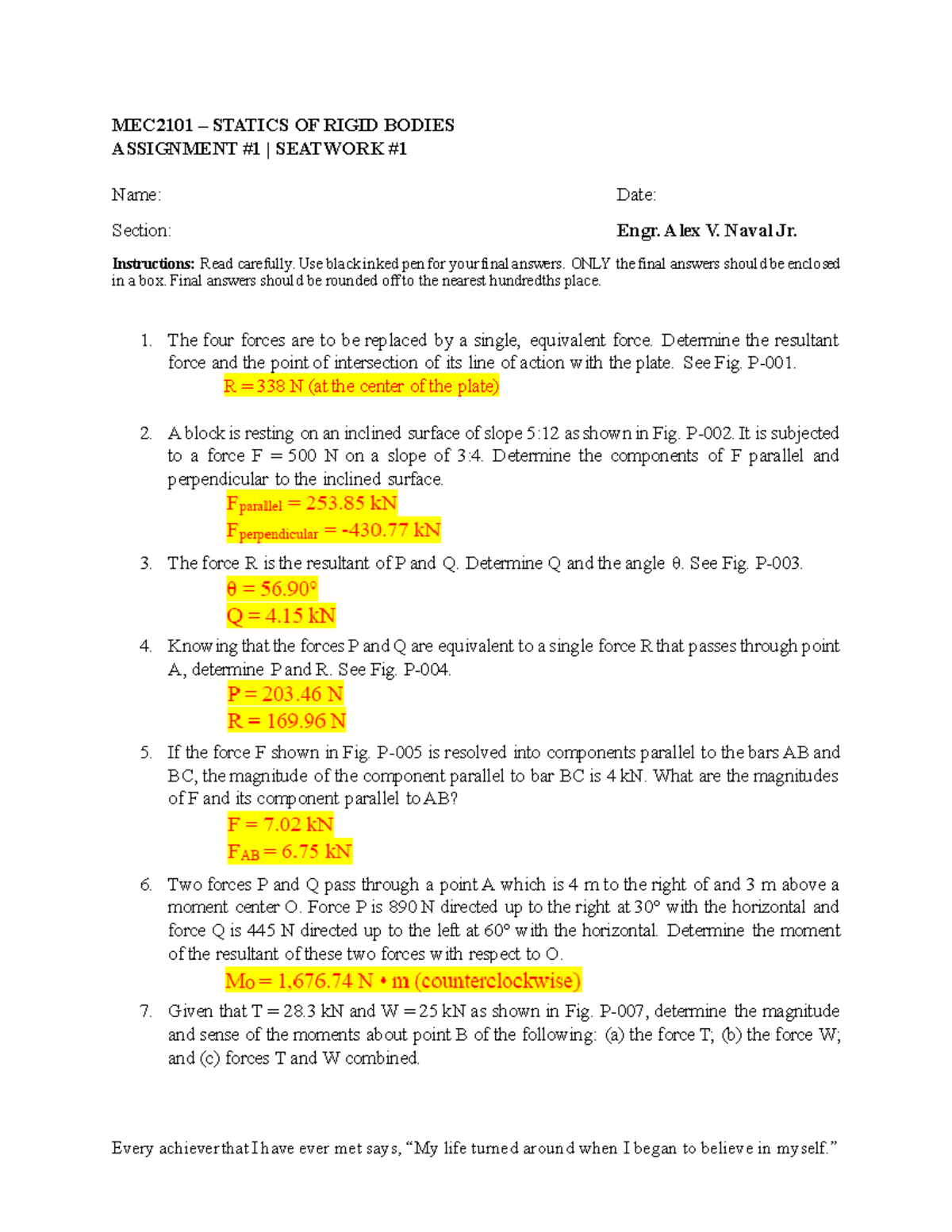 MEC2101 Statics of Rigid Bodies Assignment #1 Solutions - Studocu