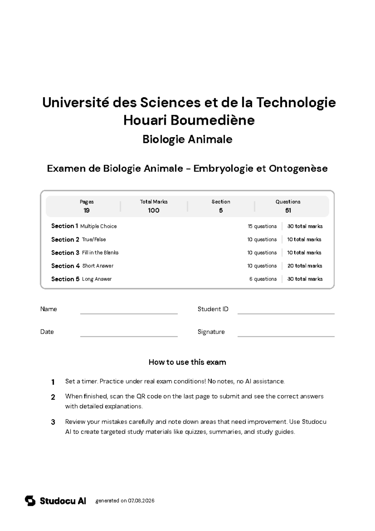 Examen Final de Biologie Animale - Embryologie - Studocu