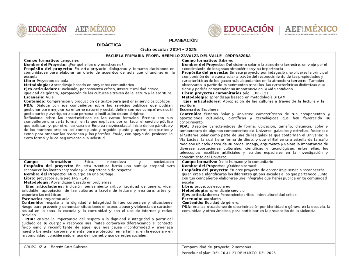 Planeación Didáctica 2024-2025: Proyectos de Aula y Aprendizaje - Studocu
