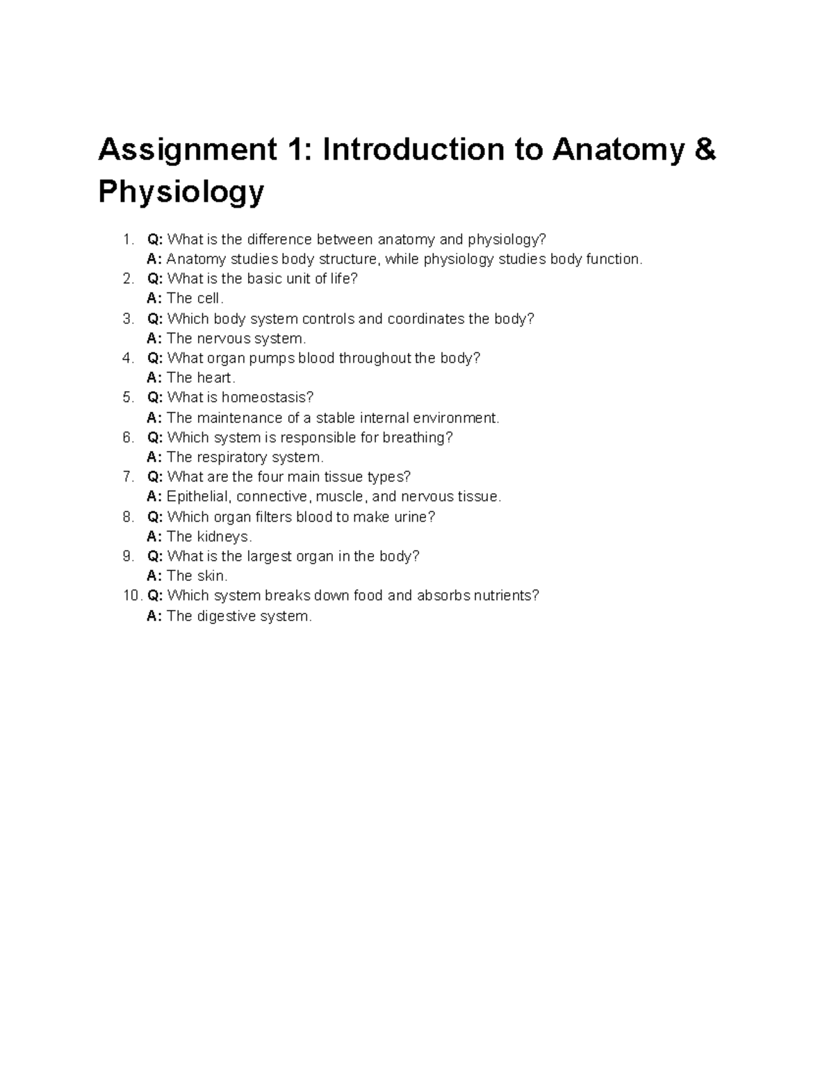 Assignment 1: Intro to Anatomy & Physiology Q&A Guide - Studocu