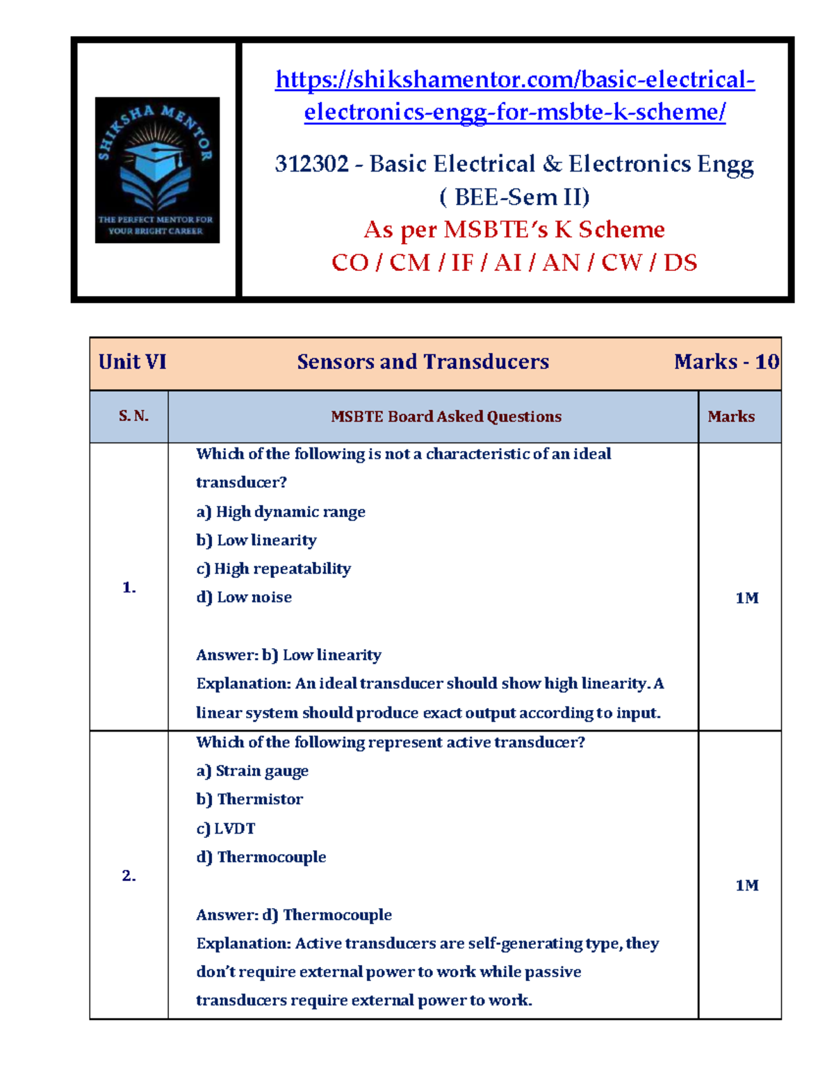 Unit VI BEE - MCQs on Sensors and Transducers for Practice - Studocu
