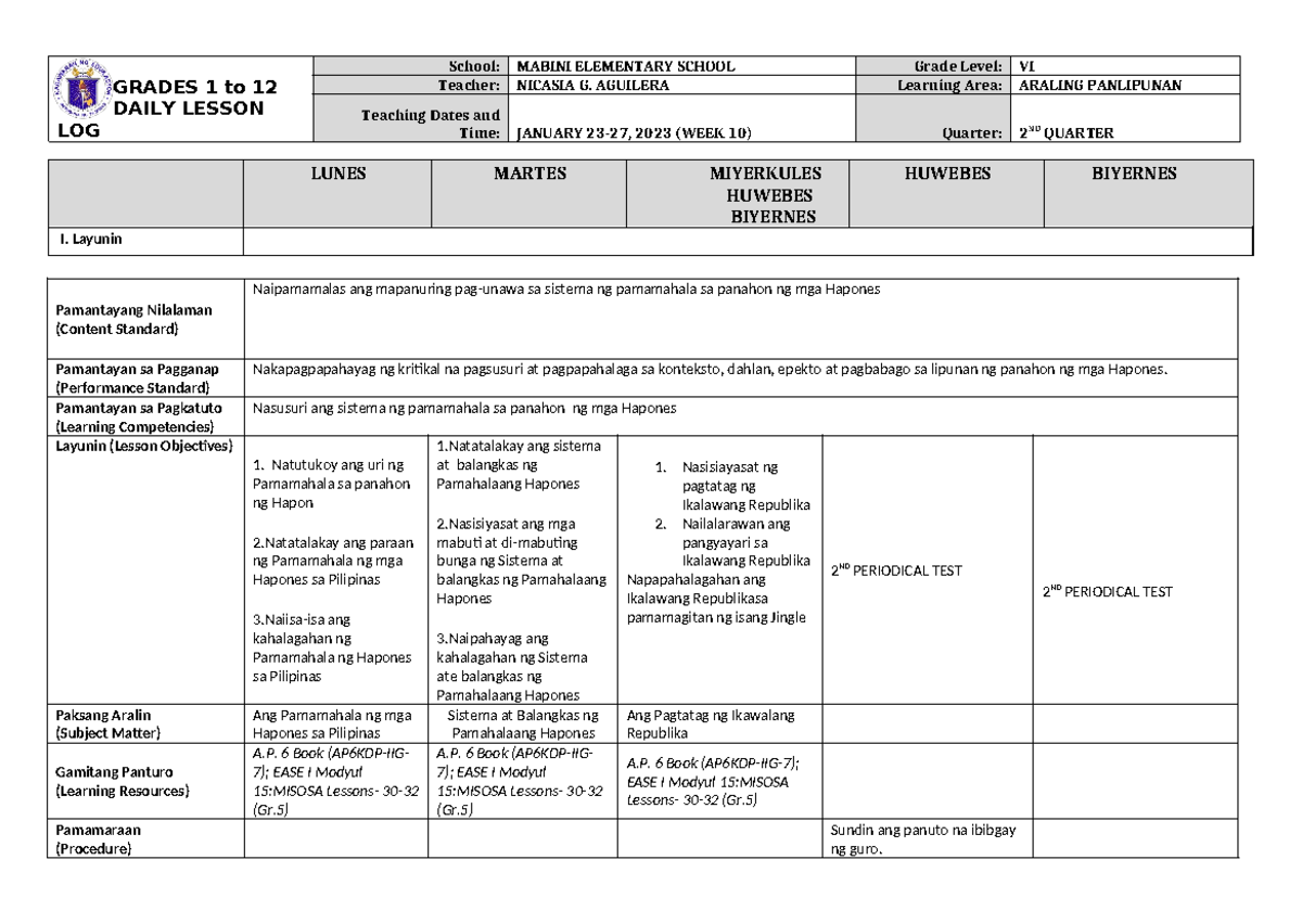 DLL Araling Panlipunan 6 Q2 W7 - GRADES 1 to 12 DAILY LESSON LOG School ...