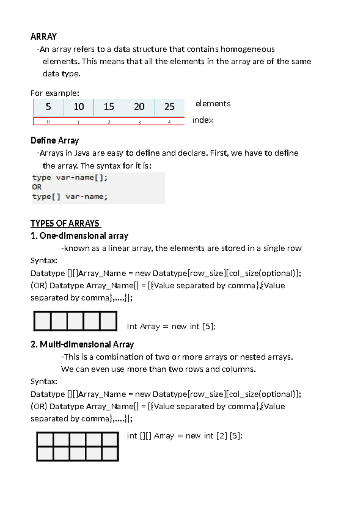 Java Programming Grade 11: Arrays and Basic Concepts Notes - Studocu