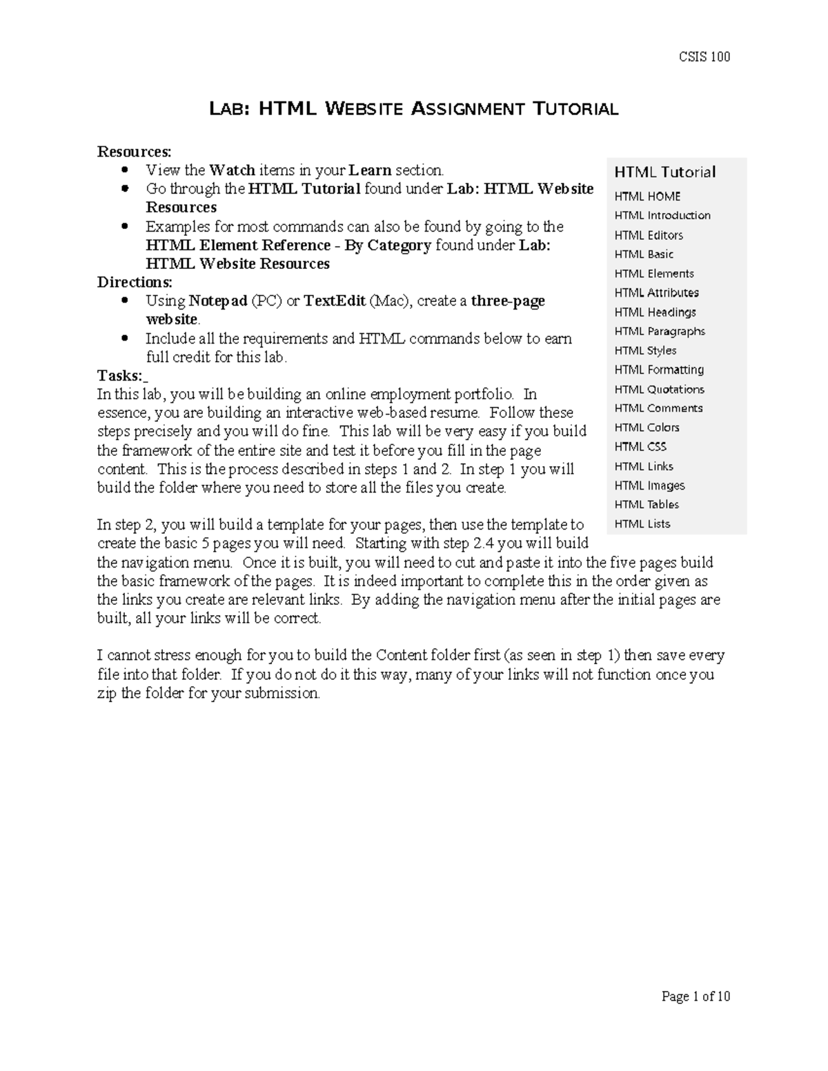 Lab: HTML Website Assignment Guide (COUR 123) - Studocu