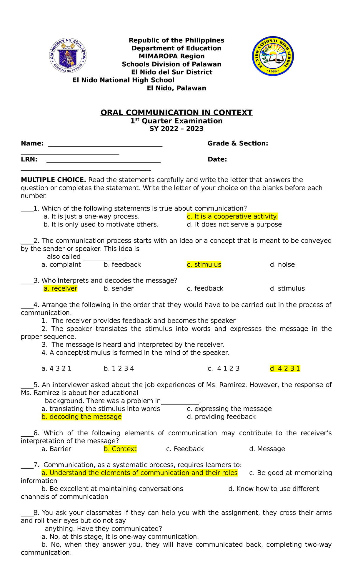 OC-1ST-Quarter-EXAM-Answer KEY for Oral Communication in Context - Studocu
