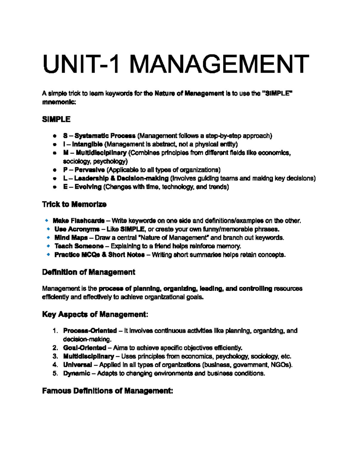 MANAGEMENT Unit 1: Key Concepts and Principles of Management - Studocu