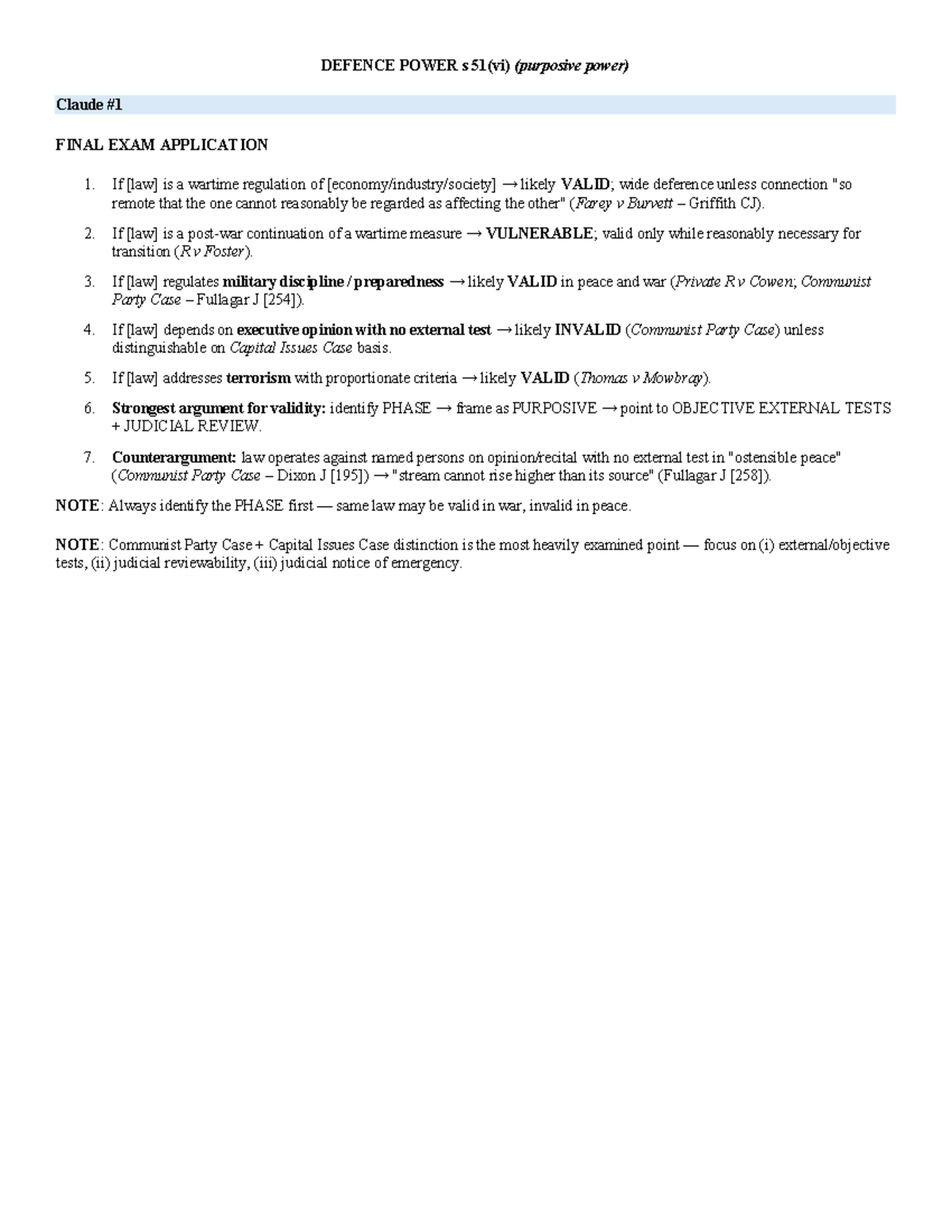 DEFENCE POWER S 51(vi) FINAL EXAM APPLICATION NOTES - Studocu
