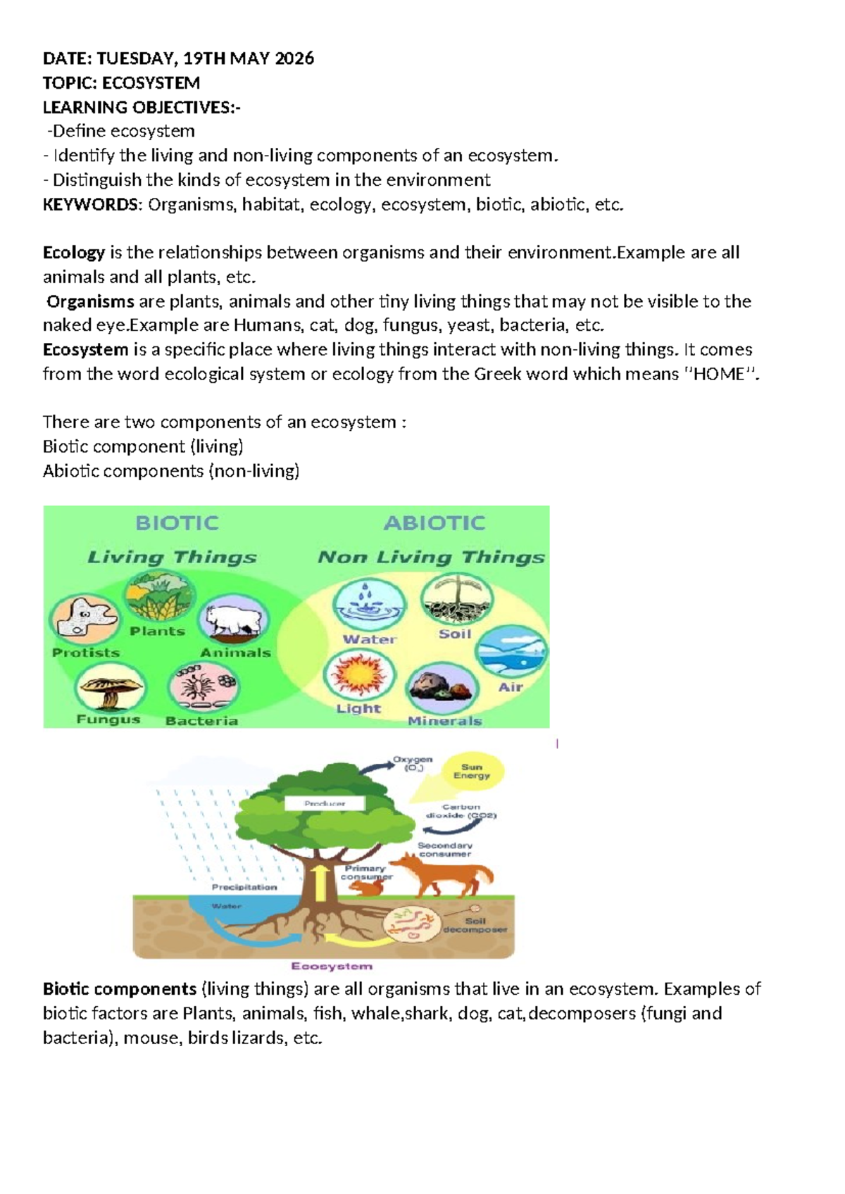 Lesson Note: Ecosystem Overview (Week 4, Summer Year 8) - Studocu