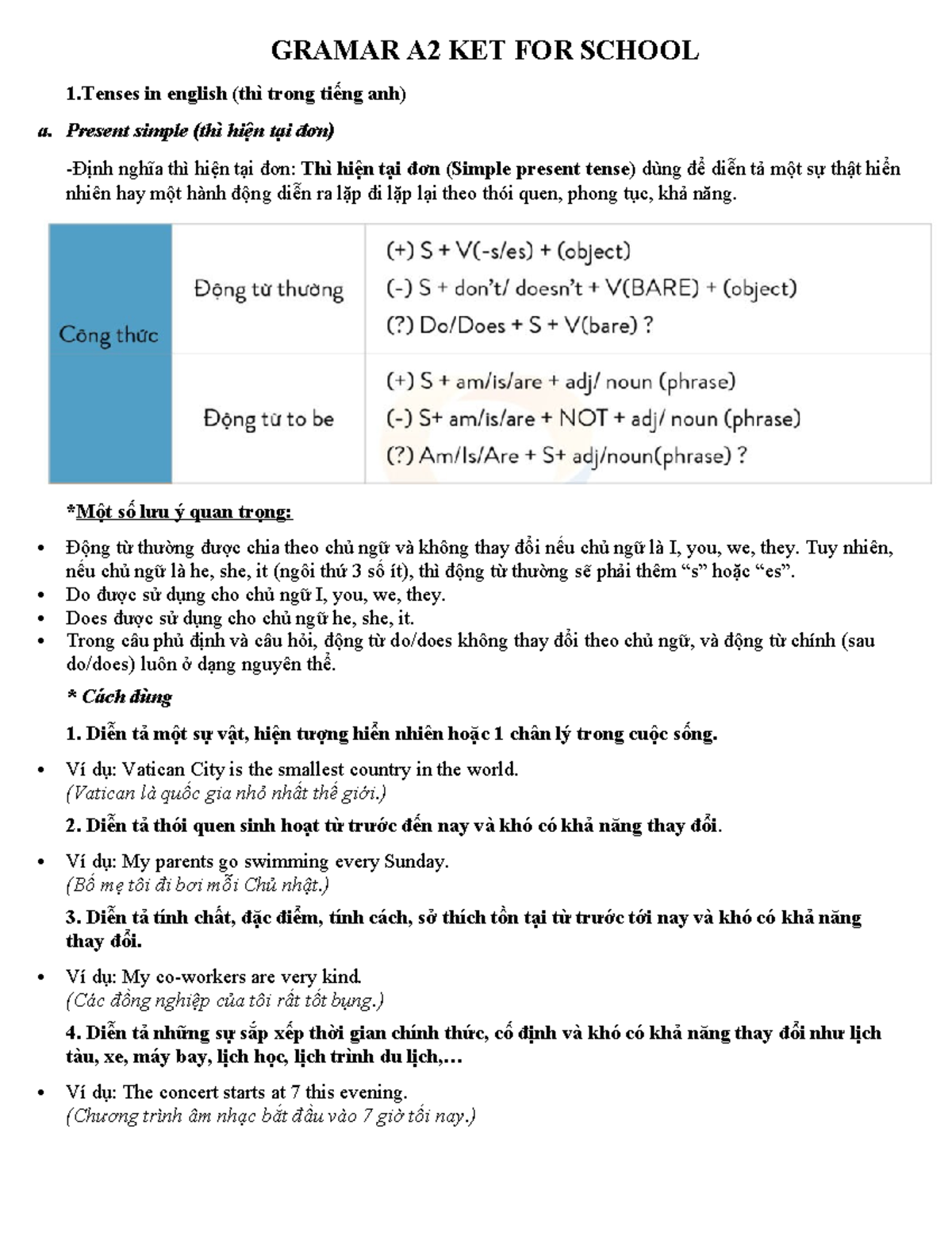 Grammar A2 KET for School: Tenses Overview and Exercises - Studocu