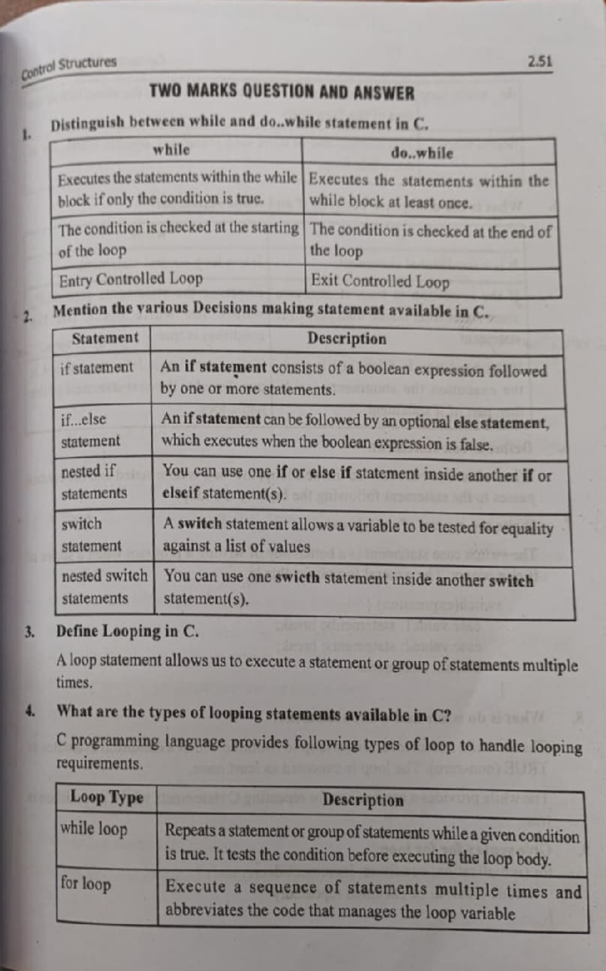 Unit-2 C Programming: Two Marks Q&A on Control Structures - Studocu
