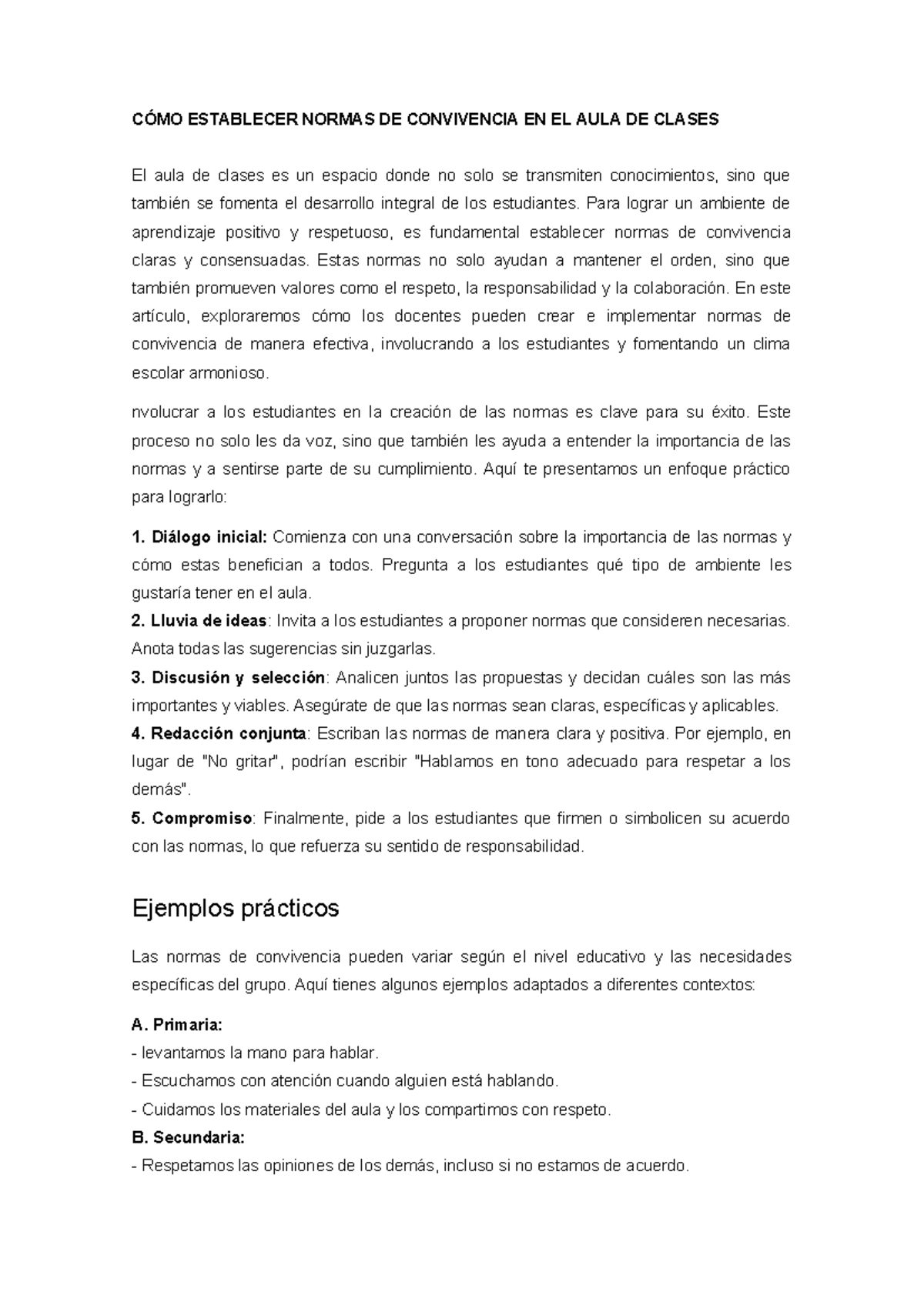 Normas de Convivencia en el Aula: Guía Práctica para Docentes - Studocu