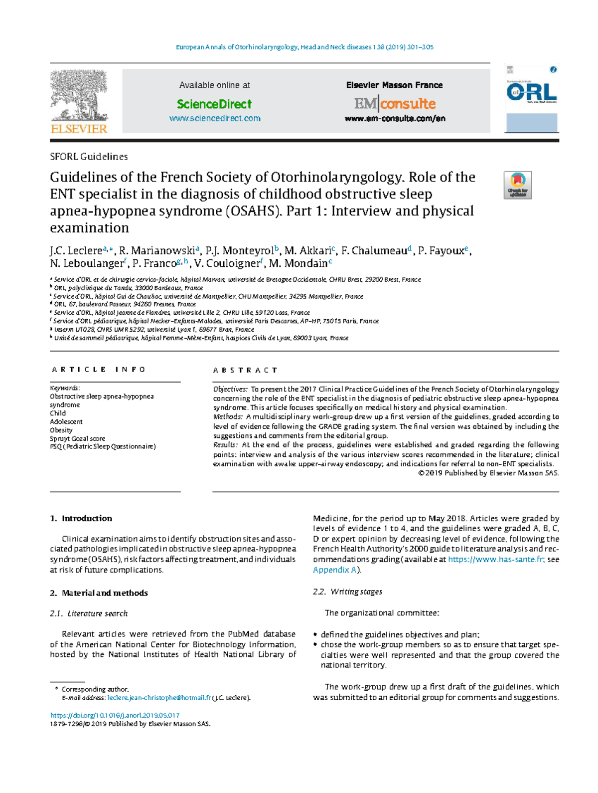 Guidelines of the French Society of Otorhinolaryngology: Role of ENT in ...