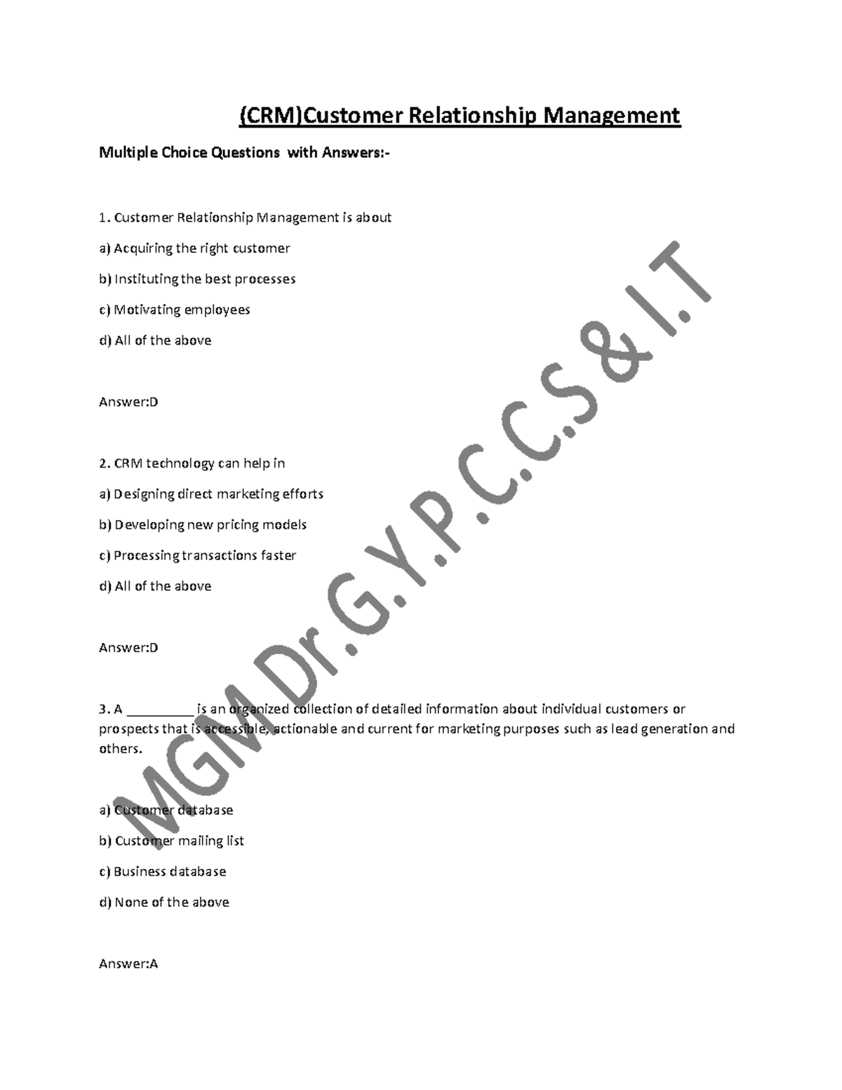 CRM Test Bank: Comprehensive MCQ Guide for Customer Relationship ...