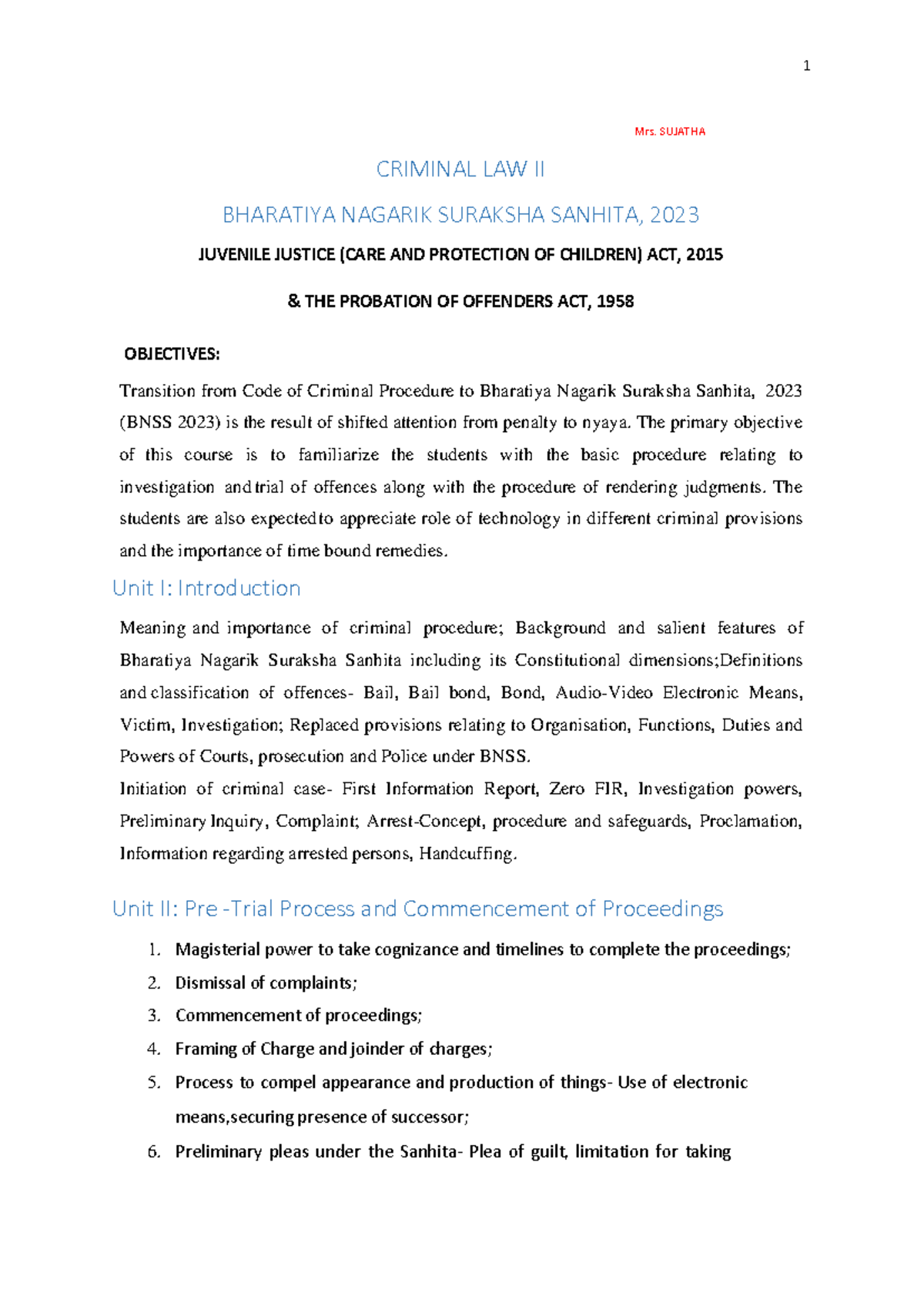 BNSS 2023 Criminal Law II Study Notes: Juvenile Justice & Reform - Studocu