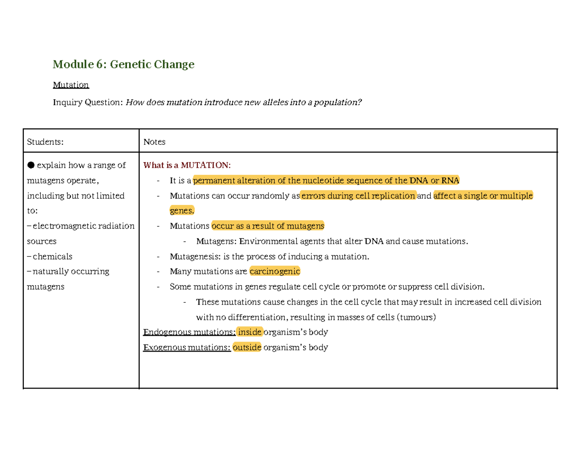 Biology Mod 6: Mutation and Genetic Variation Insights - Studocu