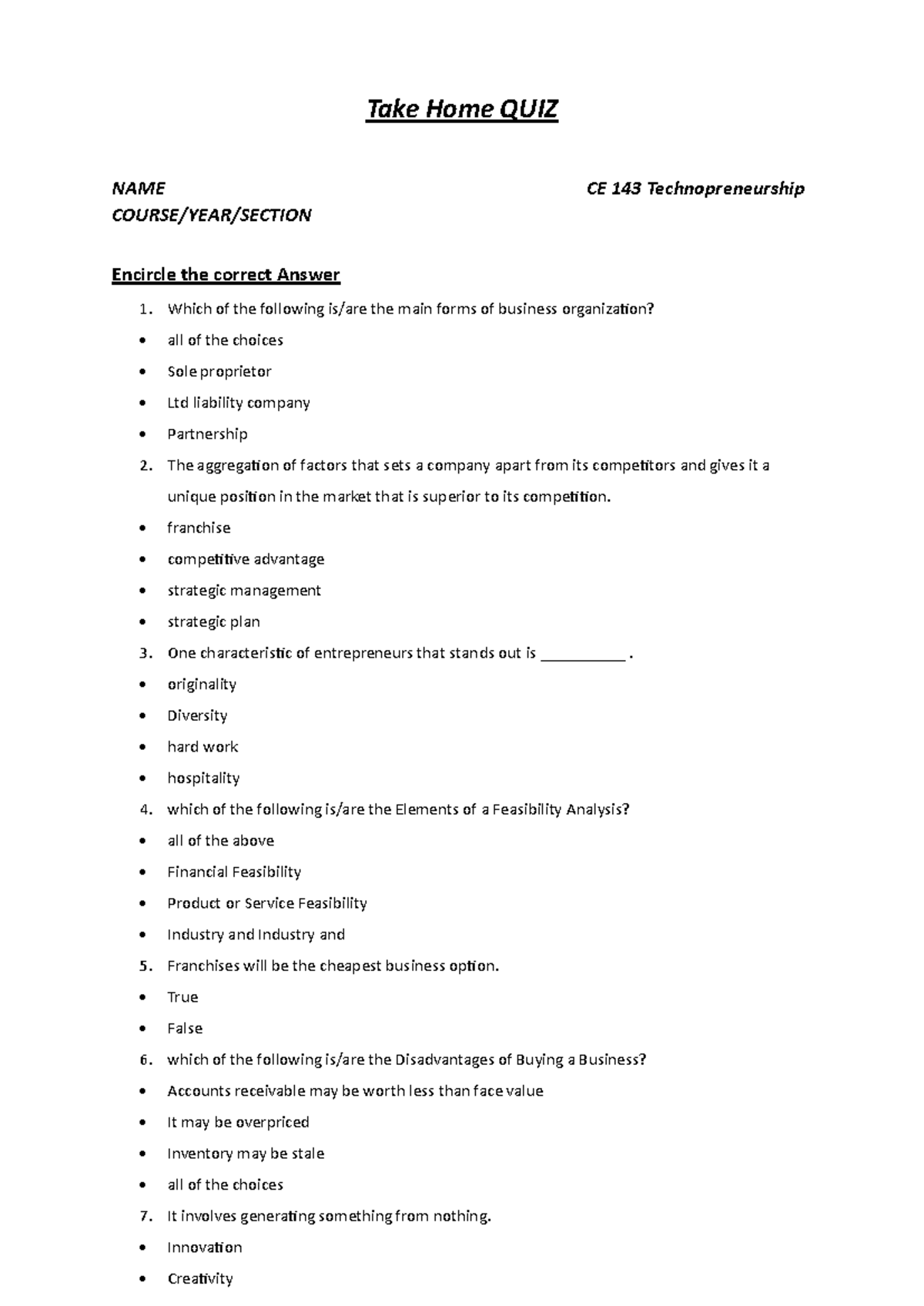 Take Home QUIZ CE 143: Technopreneurship Questions & Answers - Studocu