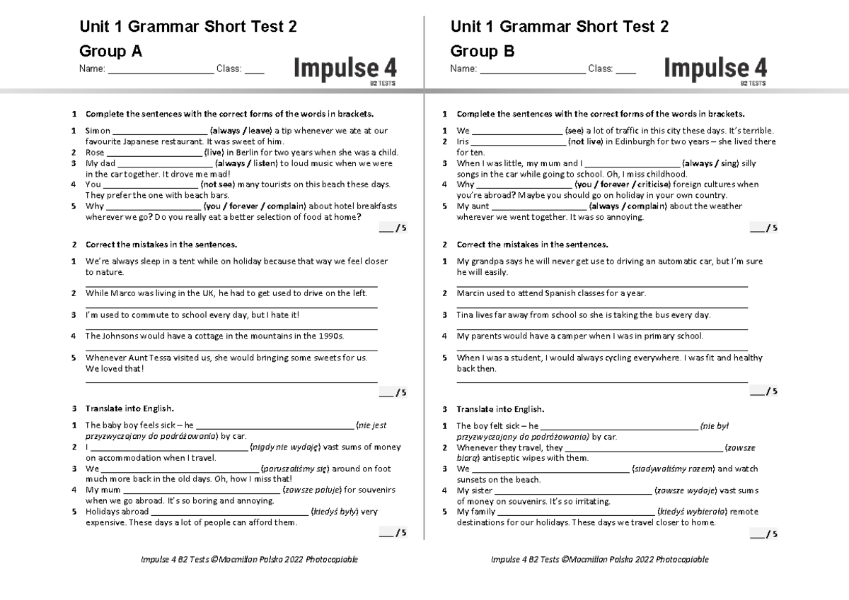 Unit 1 Grammar Short Test 2 A+B - Practice Exercises - Studocu
