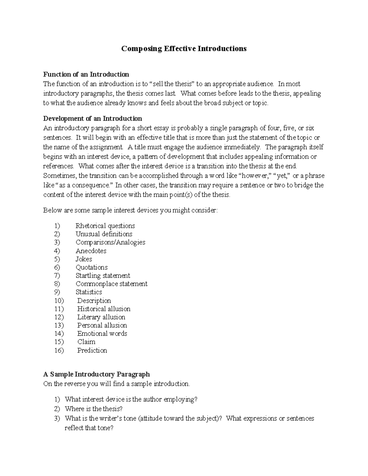 Effective Introductions: Crafting Engaging Openings for Essays - Studocu