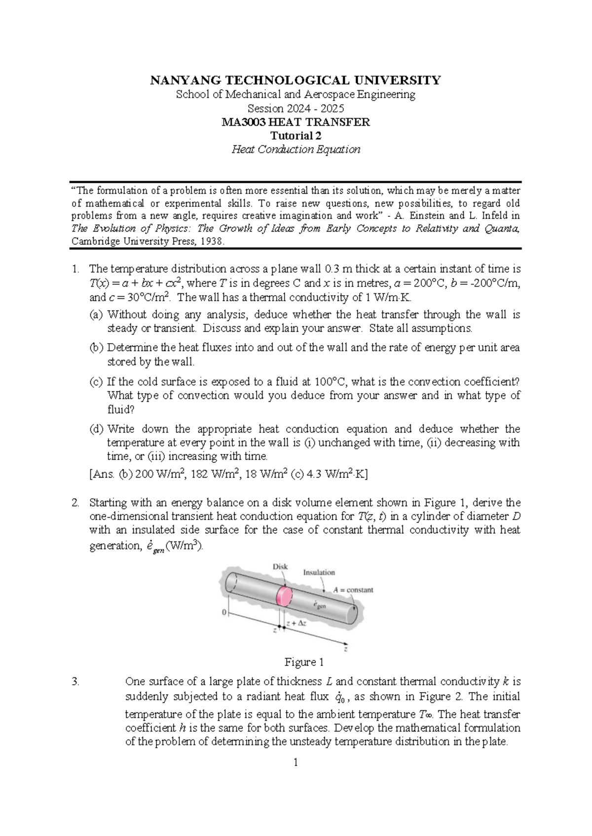 MA3003 Heat Transfer Tutorial 2: Heat Conduction Equation Analysis ...