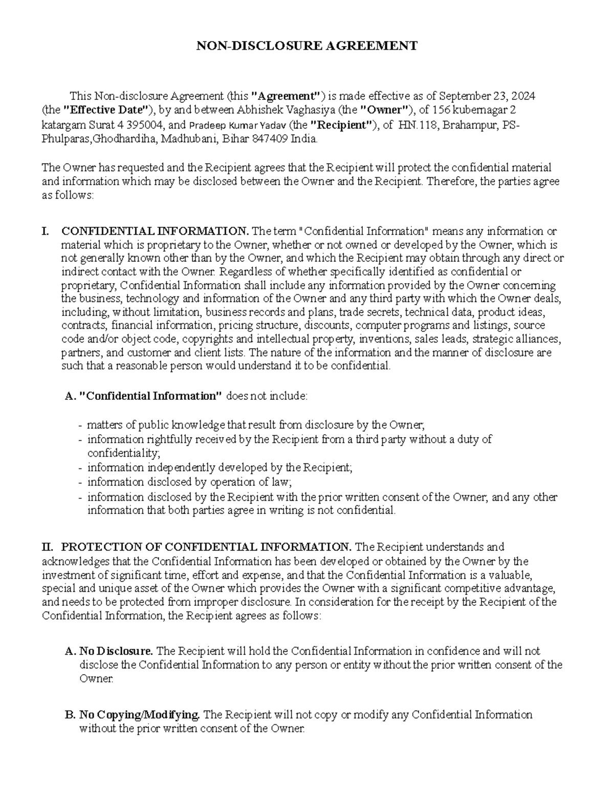 Non-Disclosure Agreement (NDA) Between Abhishek Vaghasiya & Pradeep ...
