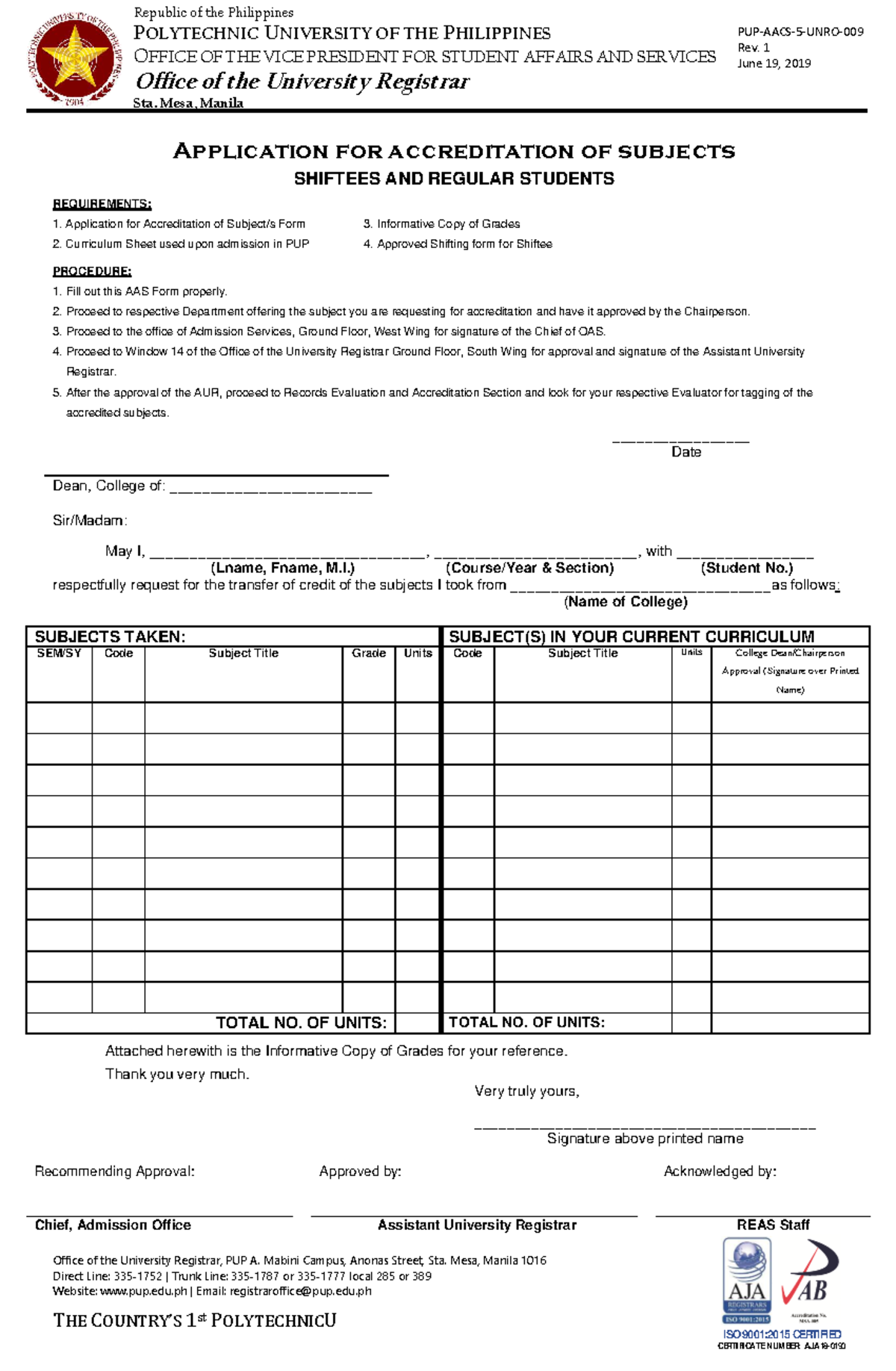 Application for Subject Accreditation - PUP Requirements and Procedure ...