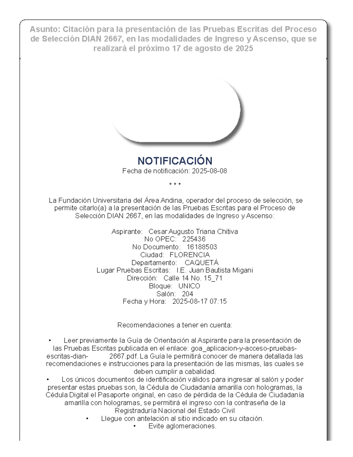 Citación para Pruebas Escritas DIAN 2667 - 17 de agosto 2025 - Studocu