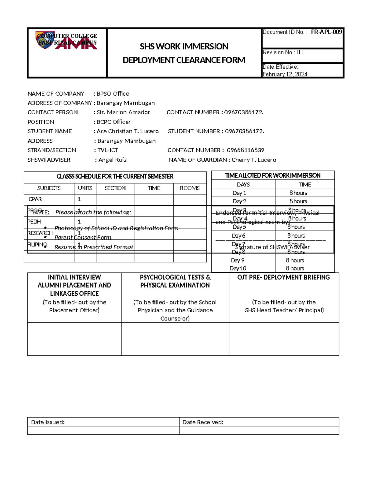 Shswi Deployment Clearance FORM APL 012 - NAME OF COMPANY : BPSO Office ...
