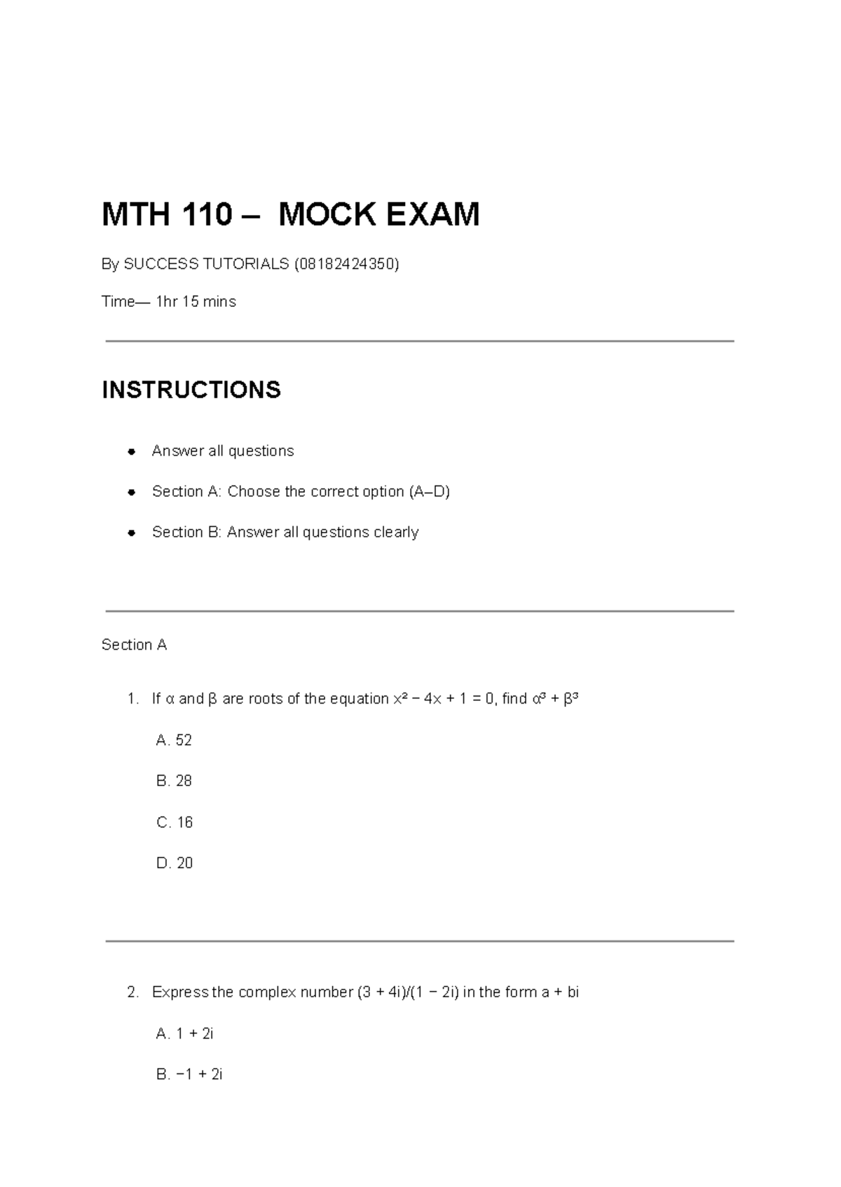 Success MATH 110 MOCK EXAM TUTORIALS (08182424350) - Studocu