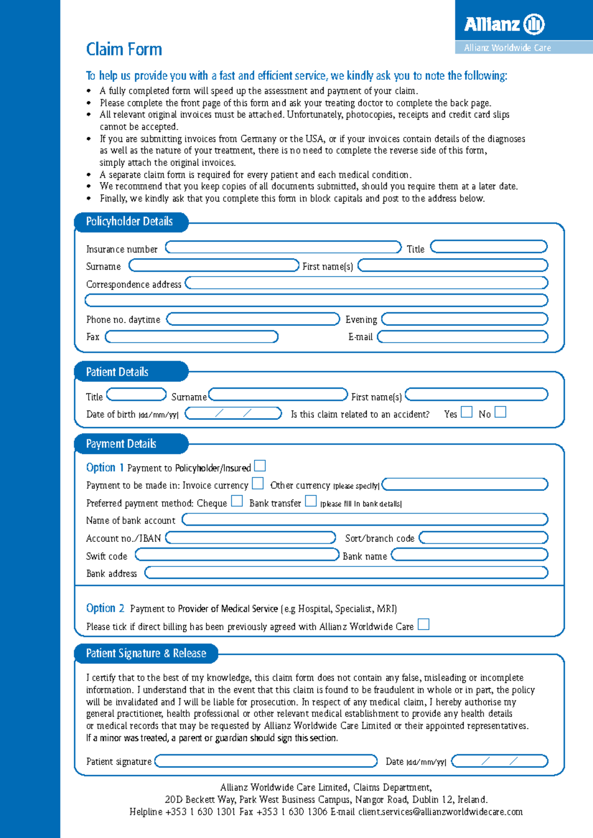 Allianz Worldwide Care Claim Form Instructions and Guidelines - Studocu