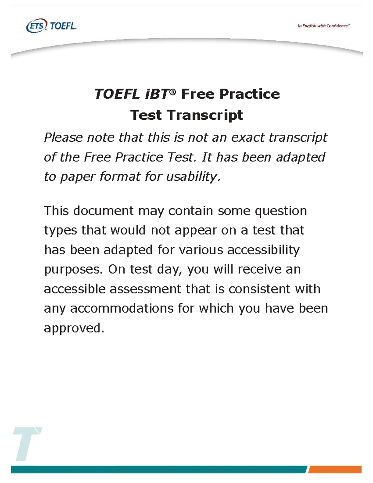 TOEFL iBT Free Practice Test Transcript (Large Print Adaptation) - Studocu